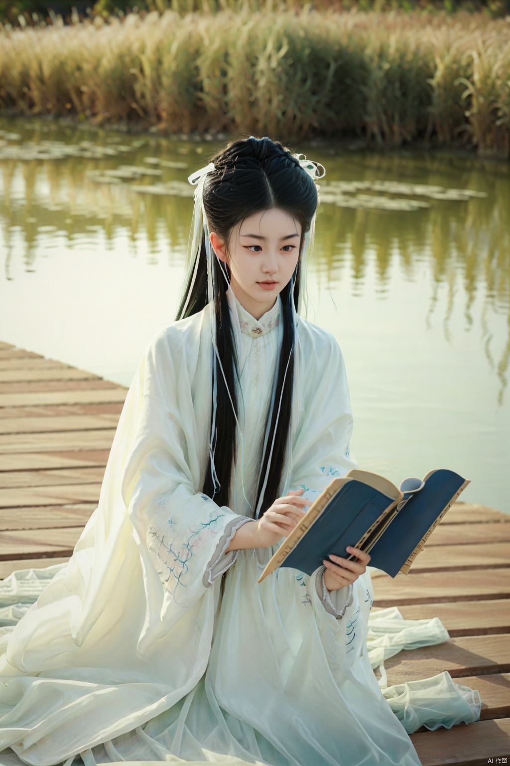 (1girl:1.3), (best quality, masterpiece, ultra high resolution),(photorealistic:1.3), (realistic:1.3), depth of field,(full body:1.2), (outdoors:1.2), (day:1.2), (cinematic lighting:1.2),hanfu, reading a book