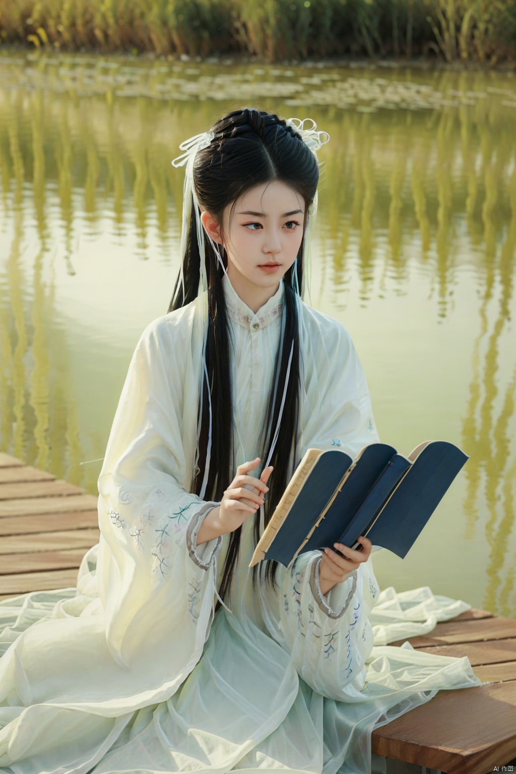 (1girl:1.3), (best quality, masterpiece, ultra high resolution),(photorealistic:1.3), (realistic:1.3), depth of field,(full body:1.2), (outdoors:1.2), (day:1.2), (cinematic lighting:1.2),hanfu, reading a book