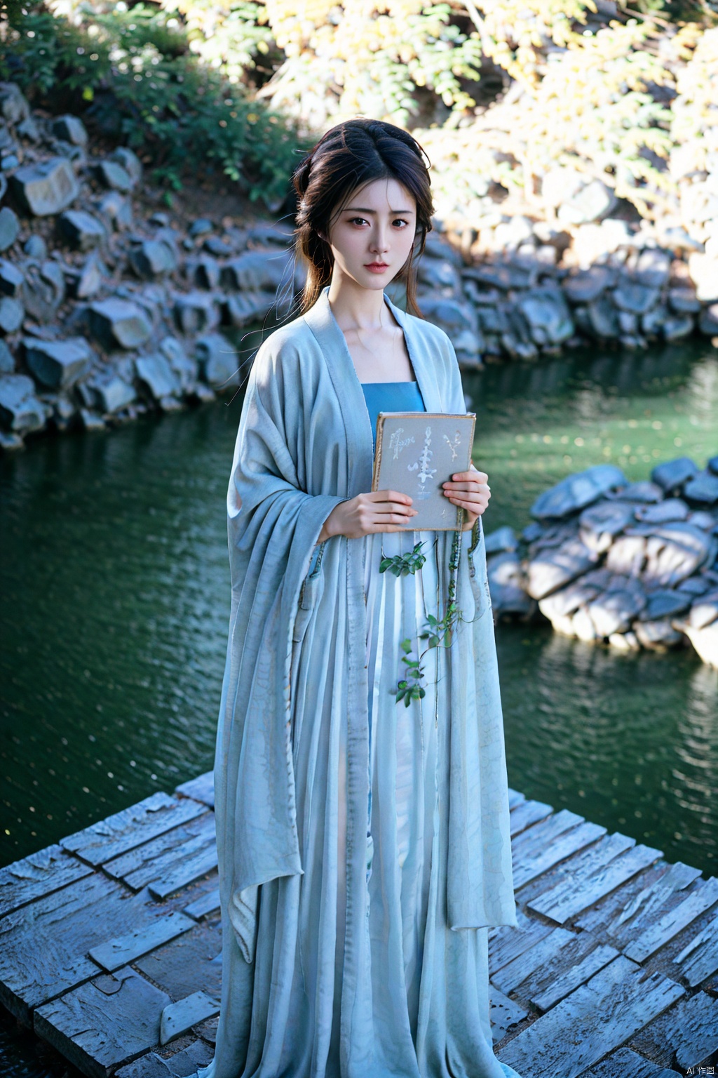 (1girl:1.3), (best quality, masterpiece, ultra high resolution),(photorealistic:1.3), (realistic:1.3), depth of field,(full body:1.2), (outdoors:1.2), (day:1.2), (cinematic lighting:1.2),hanfu, reading a book