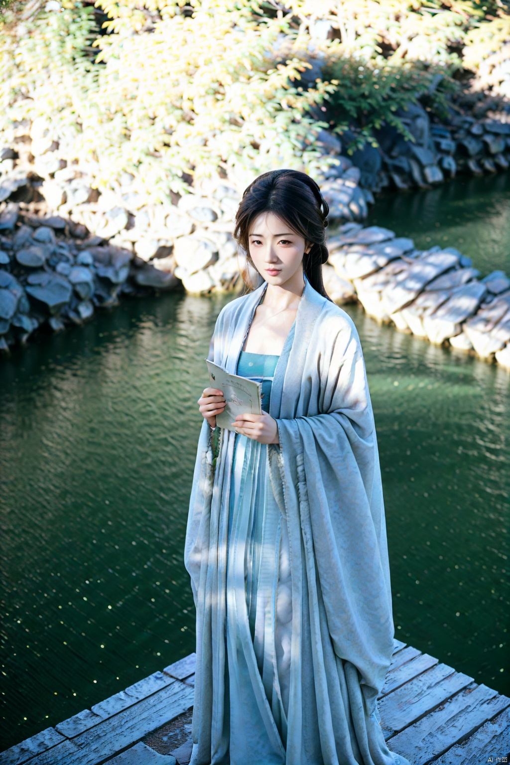 (1girl:1.3), (best quality, masterpiece, ultra high resolution),(photorealistic:1.3), (realistic:1.3), depth of field,(full body:1.2), (outdoors:1.2), (day:1.2), (cinematic lighting:1.2),hanfu, reading a book