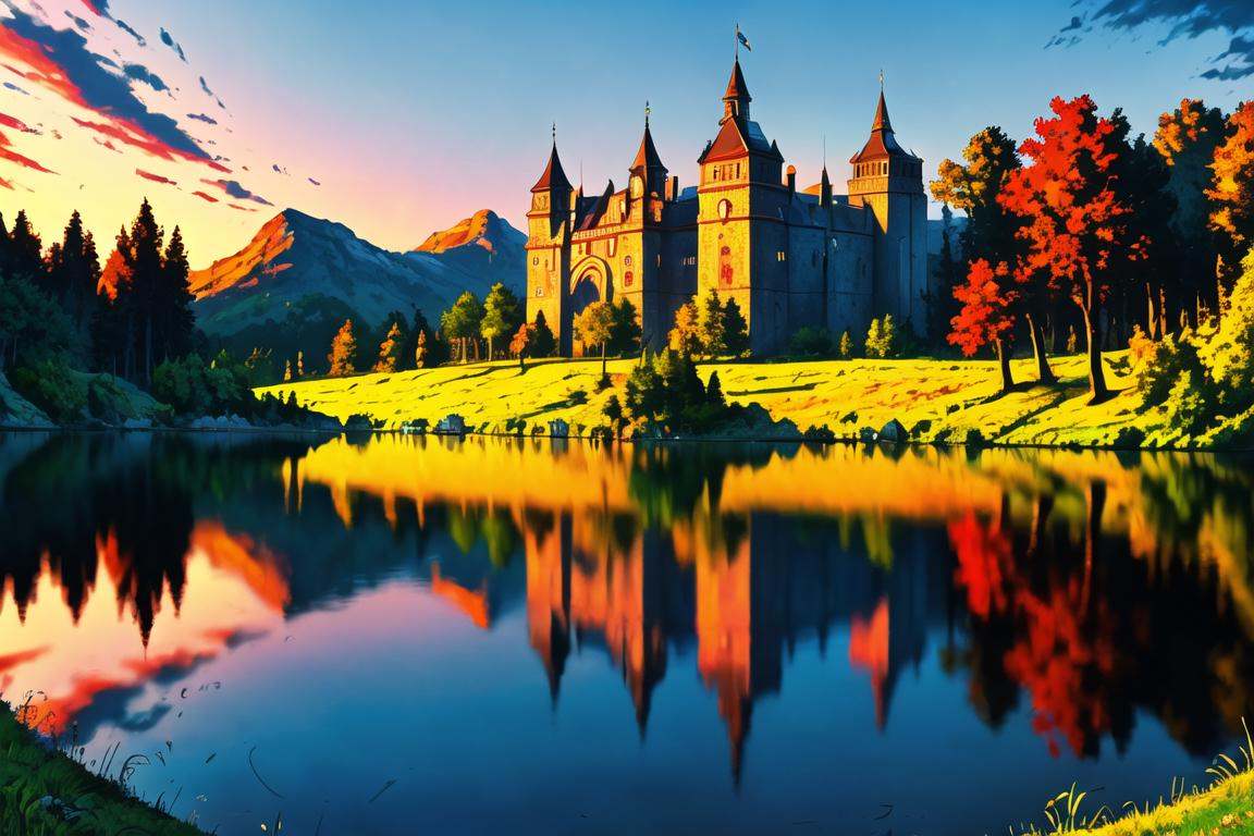 fantasy medieval castle,  lake with reflection,  forrest in background on Tensor.Art