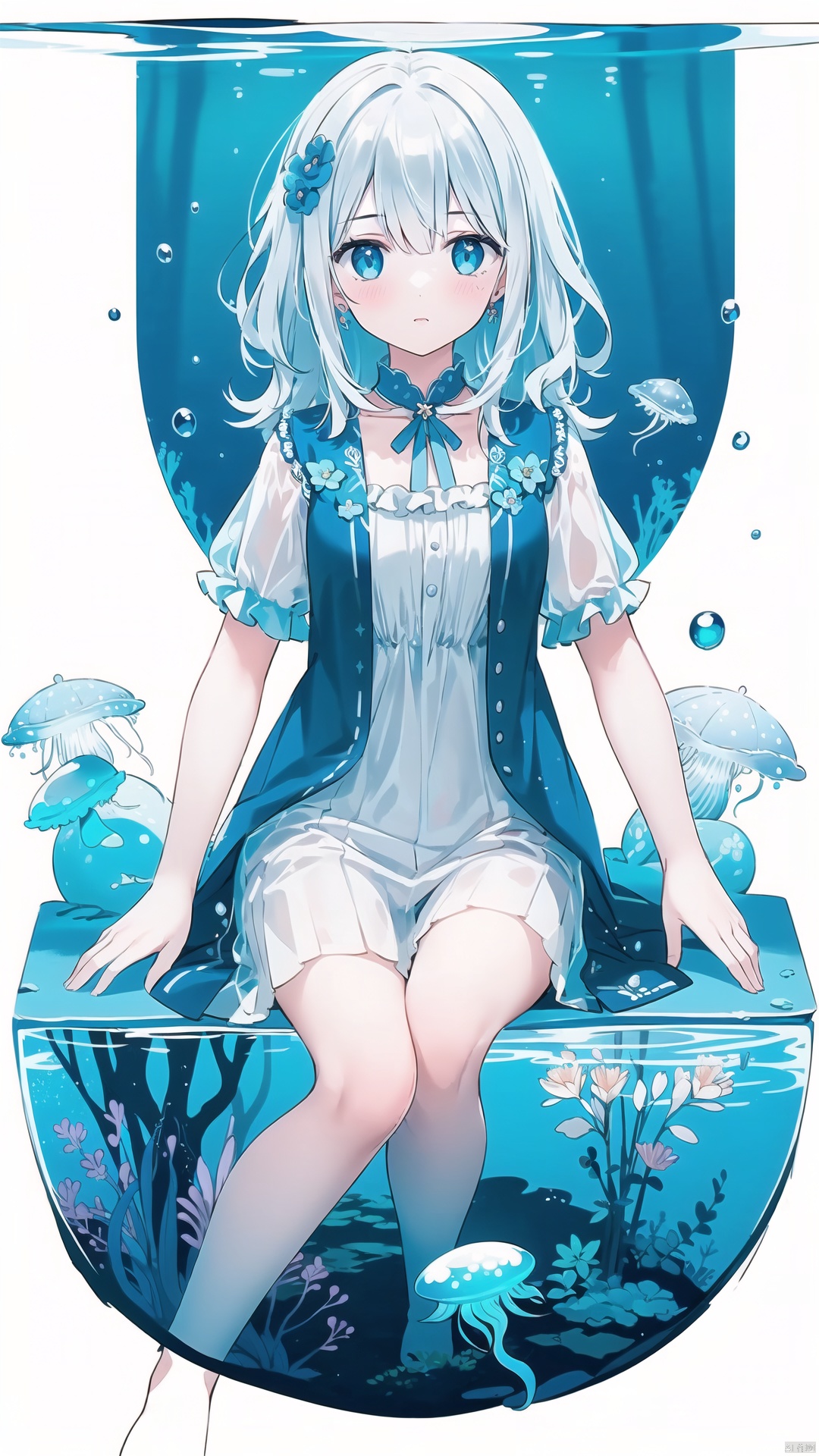  ((masterpiece,best quality)),(negative space:1.2),(1girl, solo:1.4),beautiful detailed eyes,floating hair, underwater, bubble, fish, (jellyfish), fluorescence,sea turtle, seaweed, mxianv