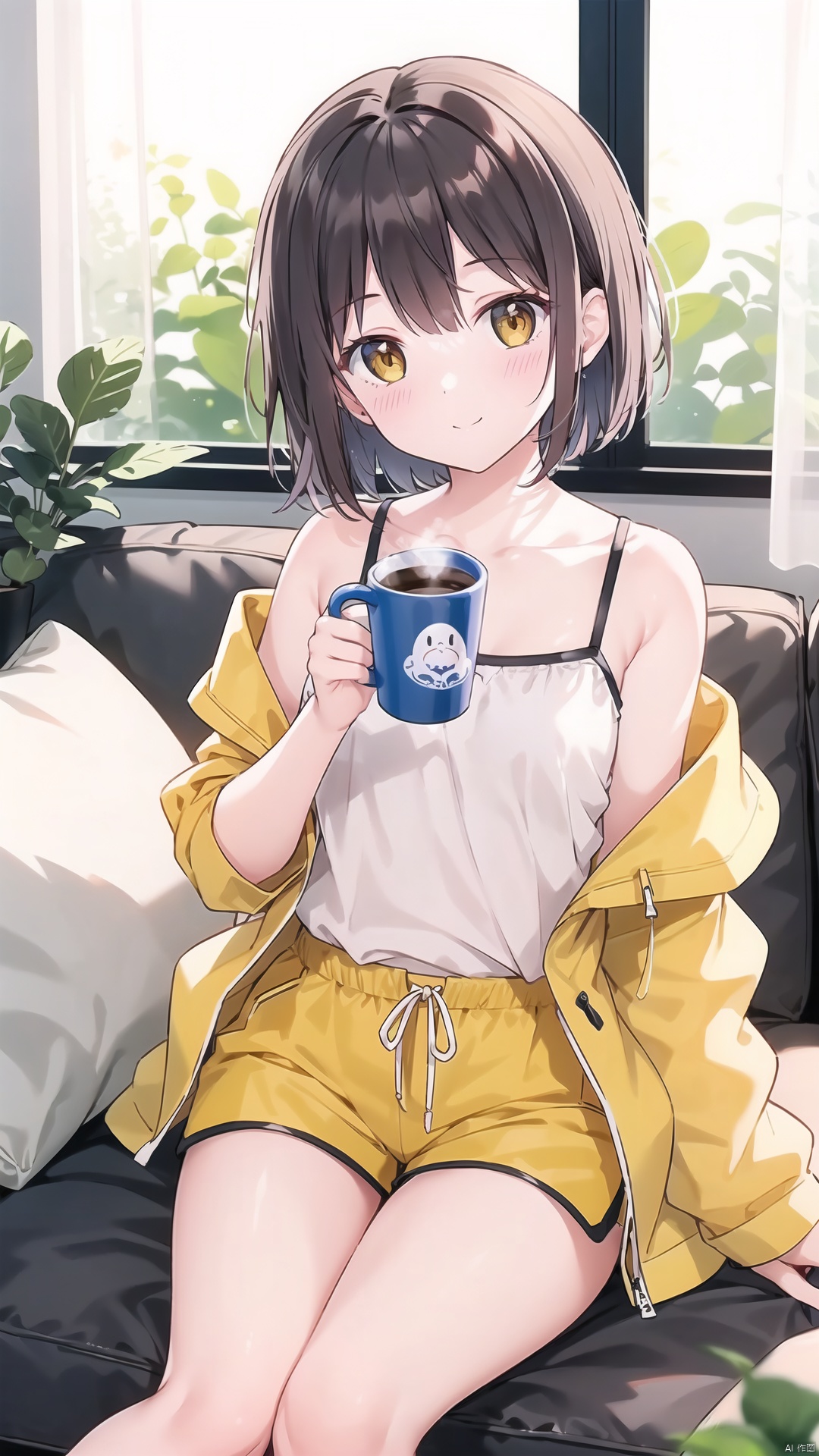 1girl, solo, cup, brown eyes, window, holding cup, sitting, holding, indoors, shorts, pillow, brown hair, plant, mug, potted plant, blush, curtains, collarbone, long sleeves, off shoulder, smile, sunlight, closed mouth, short hair, blurry, bangs, open clothes, camisole, blurry foreground, yellow shorts, shirt, white shirt, coffee mug, depth of field, white camisole, jacket, day, looking at viewer, bare shoulders,,,,,,