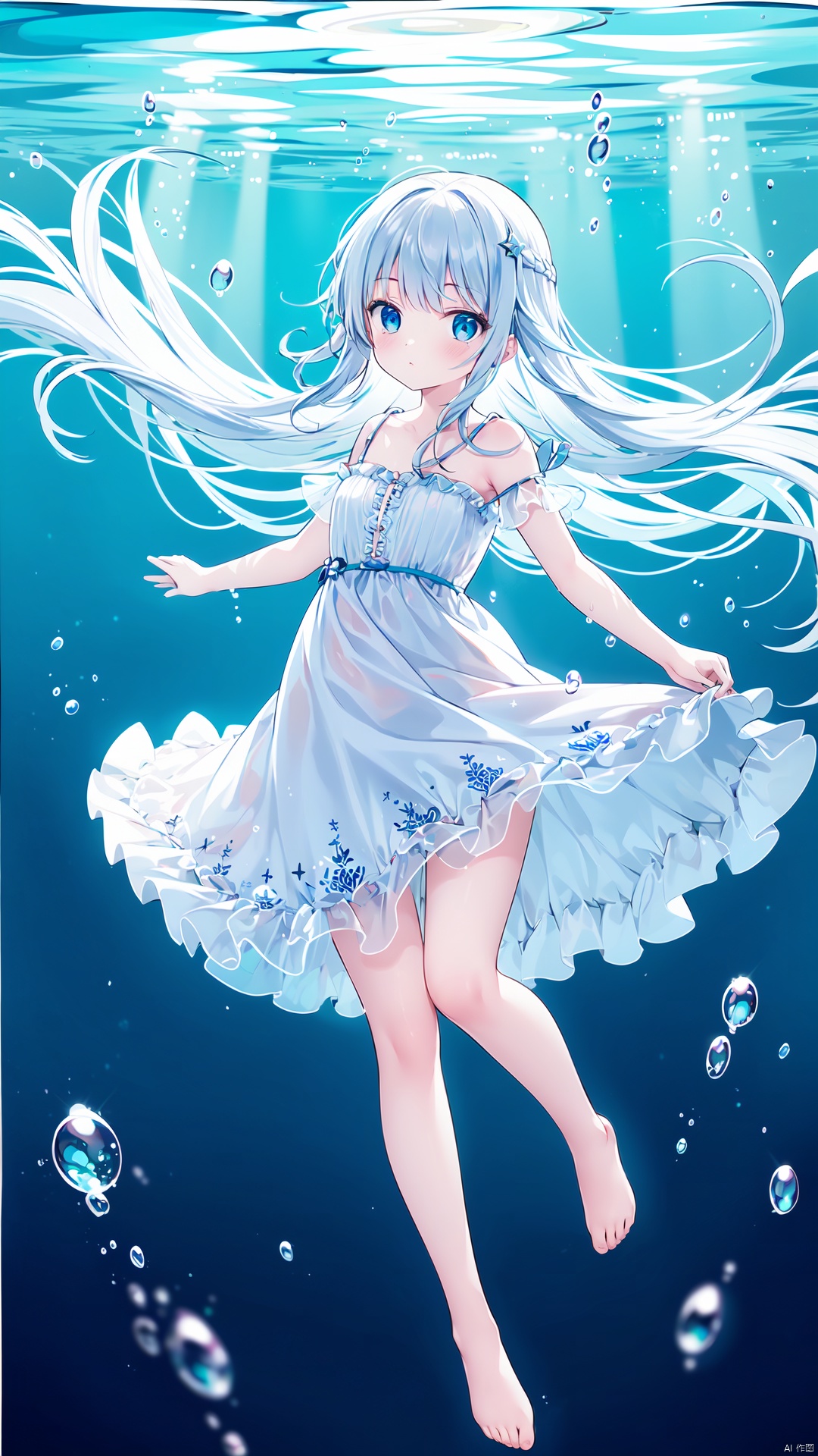 wide shot, (solo:1.3), dramatic angle, (underwater:1.2), masterpiece, best quality, intricate detail, 1girl, swimming, loli, (long hair:1.2), solo, expressionless, blue eyes, looking_up, shoulder strap dress, floating hair, floating clothes, god rays, bubble, barefoot, (full body:1.2), outstretched arm, , perfect hands,