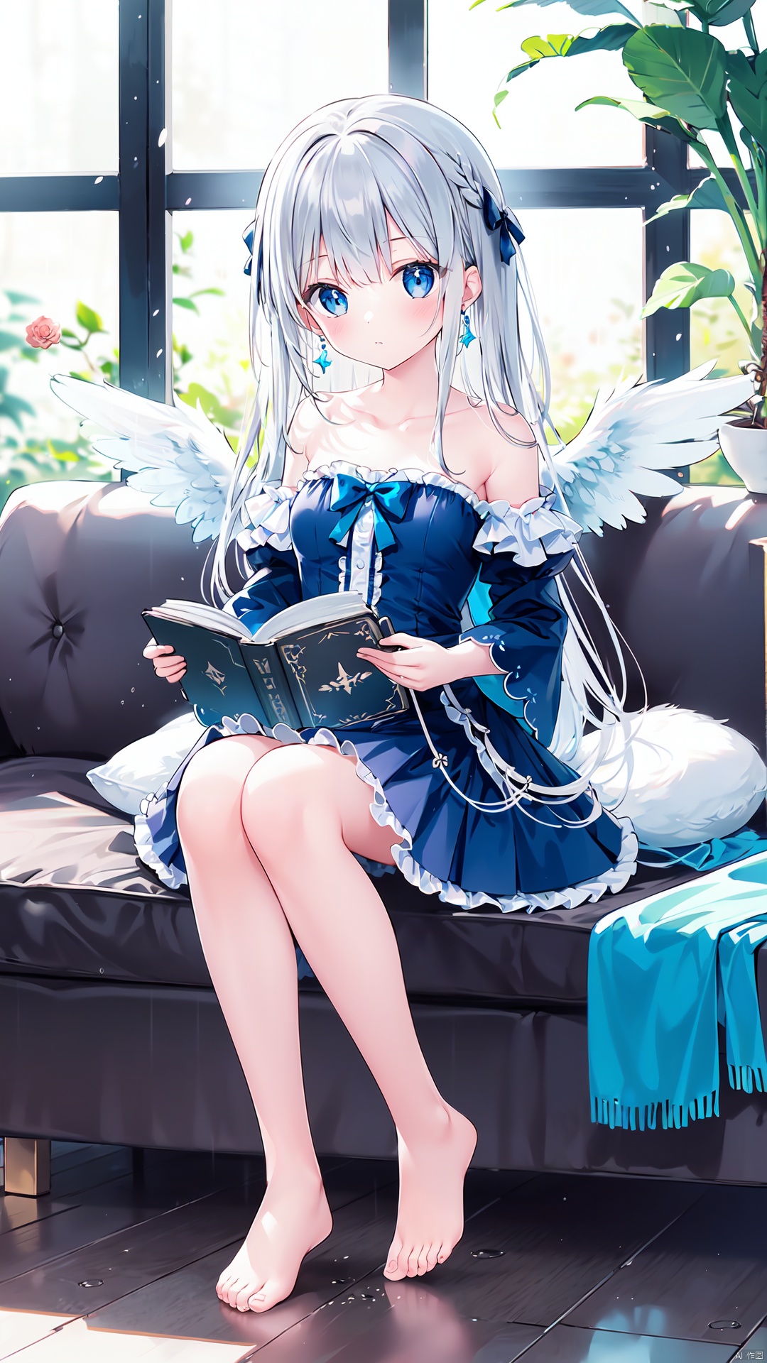  1girl, solo, long hair, wings, feathered wings, book, barefoot, bow, flower, hair bow, sitting, bare shoulders, grey eyes, bangs, very long hair, white wings, blue bow, indoors, strapless, skirt, collarbone, dress, breasts, blue skirt, closed mouth, frills, strapless dress, open book, rain, holding, chair, jewelry, window, couch, earrings, blurry, detached sleeves, grey hair, rose, full body, looking at viewer, blue flower, angel wings