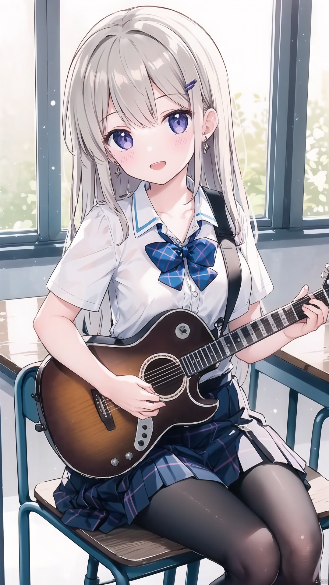 1girl, solo, skirt, plaid, instrument, pantyhose, guitar, shirt, hair ornament, white shirt, smile, chair, bow, collared shirt, indoors, school desk, school chair, long hair, sitting, black pantyhose, plaid skirt, blue skirt, blue bow, bangs, hairclip, pleated skirt, electric guitar, looking at viewer, :d, short sleeves, school uniform, desk, open mouth, earrings, blush, jewelry, holding, cover, holding instrument, plaid bow, breasts, cover page, purple eyes, on chair, collarbone,,,,,,
