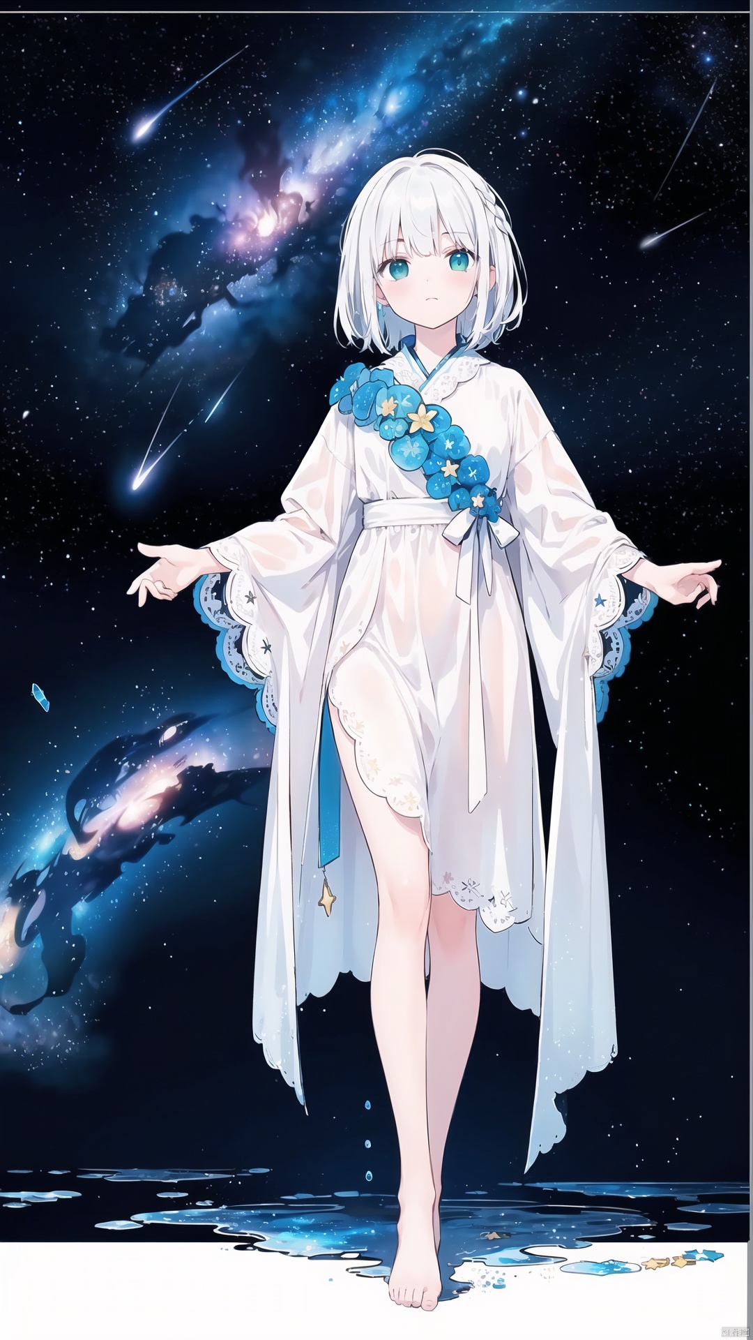 ((green, silver, glimmer)), limited palette, contrast, phenomenal aesthetic, best quality, sumptuous artwork, (masterpiece), (best quality), (ultra-detailed), (((illustration))), ((an extremely delicate and beautiful)), (detailed light), qua theme, cold theme, broken glass, broken wall, ((an array of stars)), ((starry sky)), the Milky Way, star, Reflecting the starry water surface, (1girl:1.3), awhite hair, blinking, white dress, closed mouth, constel lation, flat color, noline art, white hair, braid, blinking, white robe, barefoot, float, flat color, looking up, standing, medium hair, standing, solo, space, universe, Nebula, many stars, fanxing,,,,,,