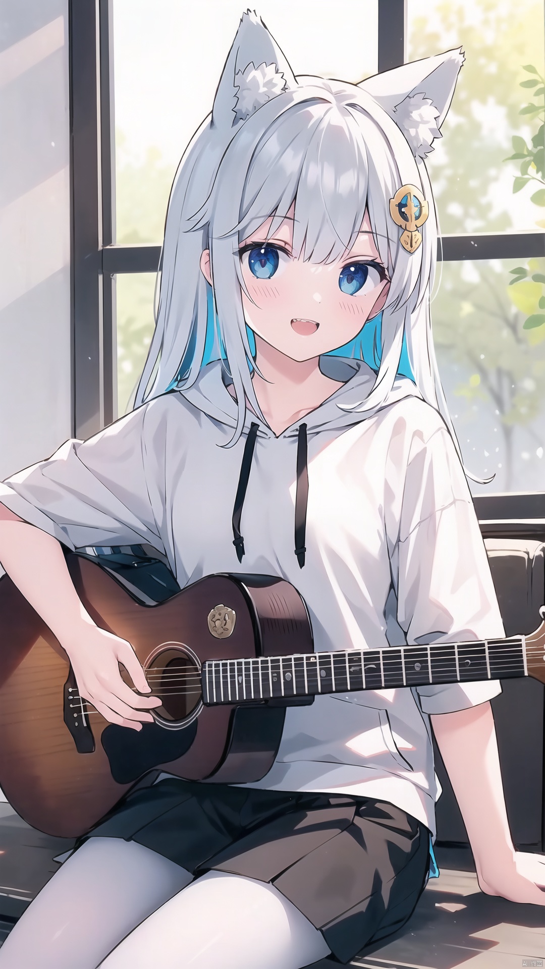 (ultra-detailed), highres, original, tabheadstyle, oimo_imoo, lapingrisstyle1, (best quality), (detailed eyes), ((masterpiece)), sunlight through the window, 1girl, wolf ears, acoustic_guitar, bangs, blunt_bangs, drawstring, hair_ornament, holding, hood, hood_up, hoodie, instrument, long_hair, multicolored_hair, music, open_mouth, sharp_teeth, sitting, smile, solo, , white pantyhose,,,,,,