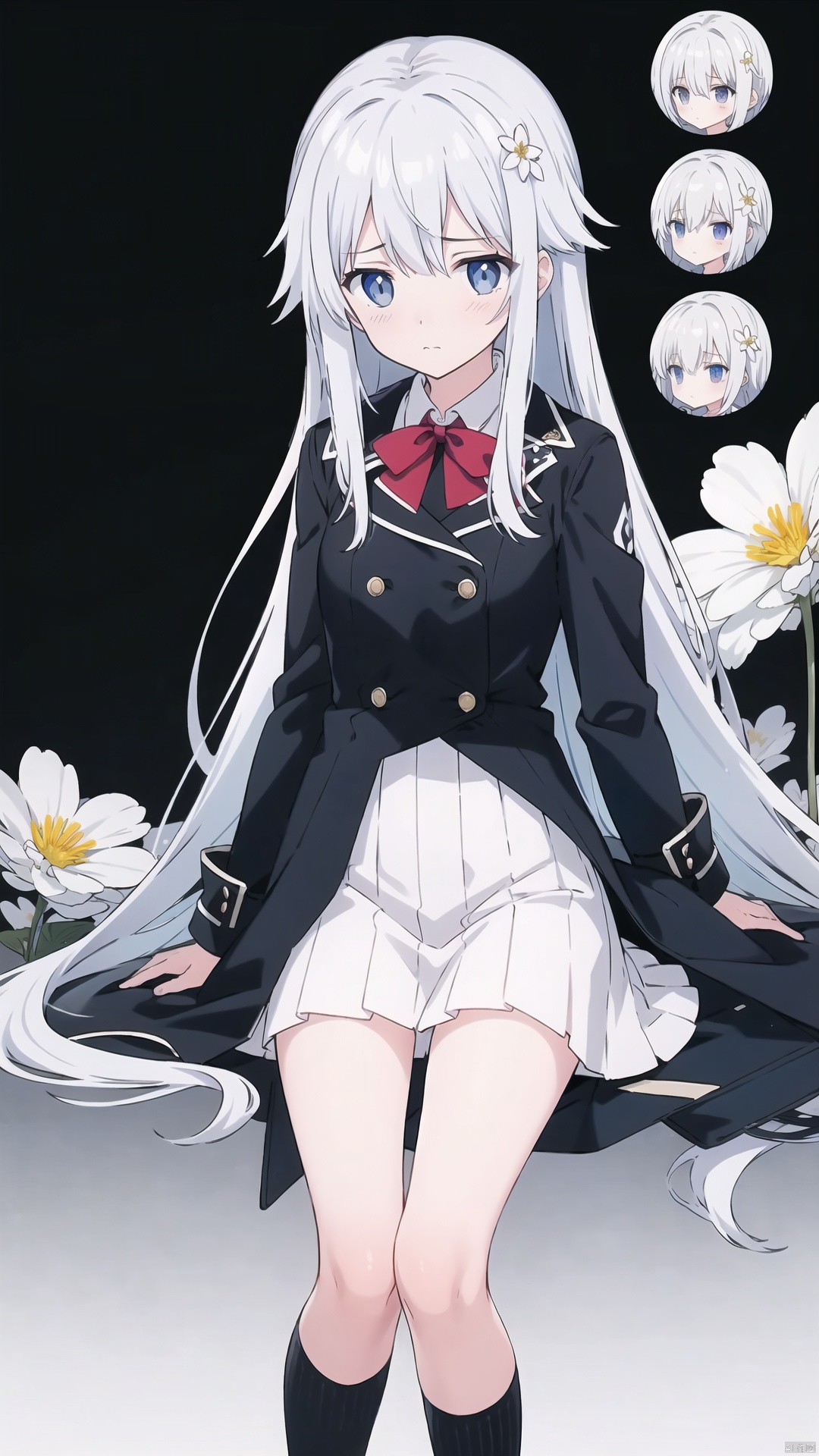 (1girl:0.6), thin, very long hair, black and grey hair, grey eyes, (detailed eyes), small breasts, black coat, white lining, white skirt, socks, closed mouth, (sad), star, Bow head, white flower, (black background), masterpiece, best quality, official art, extremely detailed CG unity 8k wallpaper, cozy anime,,,,,,