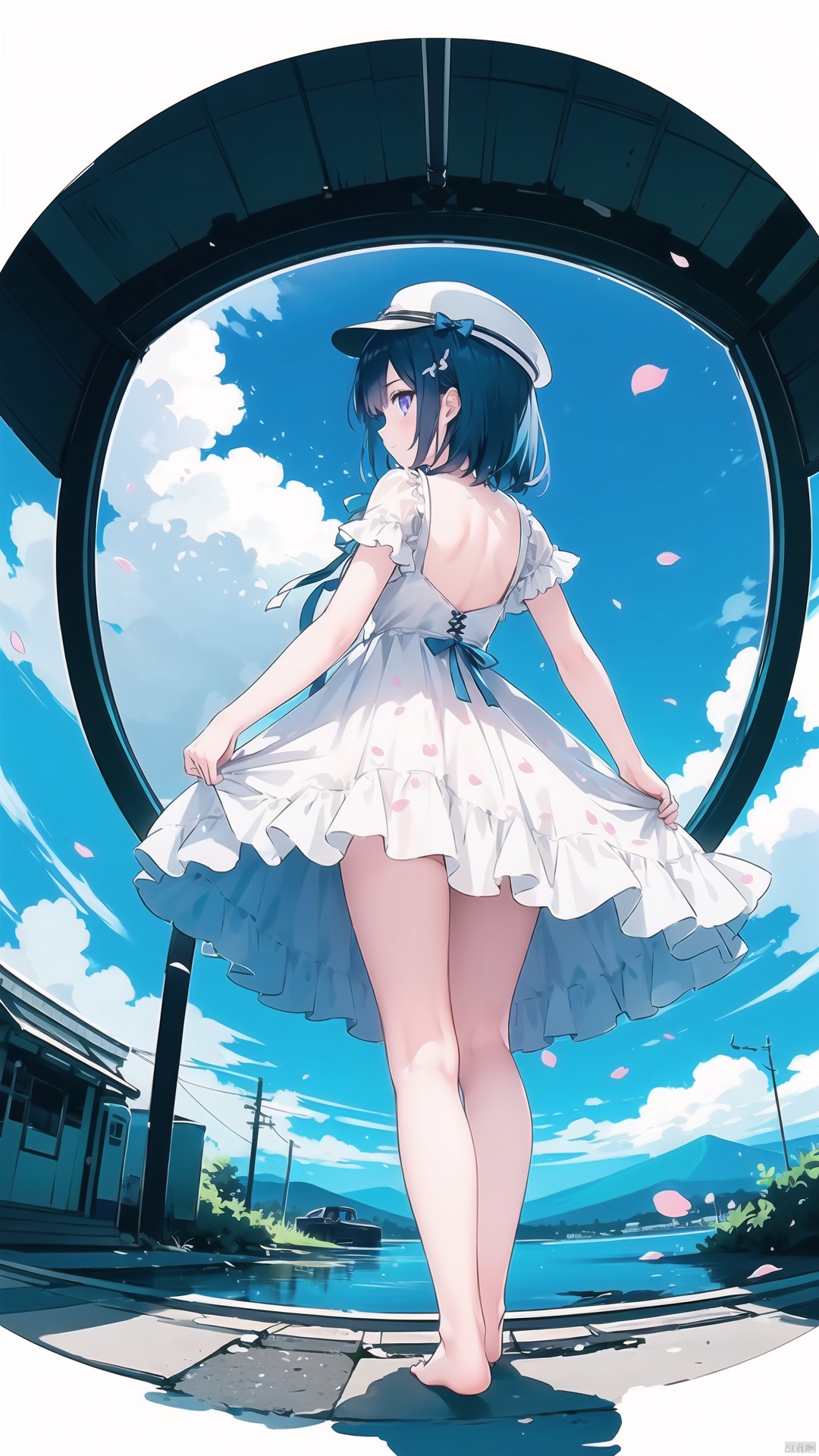 realistic, octane render, 3D CG, [(simple background:1.6)::5], Dynamic angle, [Bottle bottom], (1girl:1.3), art by makoto shinkai (flat color:1.3), colorful, floating colorful wind, (Highest picture quality), (Master's work), (Detailed eye description), (imid shot, macro shot:1.25), (8K wallpaper), (Detailed face description), depth of field, (lens flare), floating colorful water, (floating colorful mount fuji:1.3), floating colorful traffic light, roadblock, railing, ruins, moss, floating rain, stream, wilderness, small dust, ((breeze)), wind, summer, sunlight, (railway:1.3), (blurry background), road by the sea, ruins, station, (An abandoned roadside station:1.5) , Mountains and forests, water, wading, partially_submerged, (Strong sunlight:1.2), (Altocumulus:1.2), bird, butterfly, falling petals, (from back, from below:1.1), (fisheye:1.2), full body, standing, looking back, looking to the side, wlop style, wlop, \\\\\\\\\\\\\\\\\\\\\\\\\\\\\\\\\\\\\\ gelei, 1girl, white dress, hat, blue hair, purple eyes, barefoot, little girl, 9 years old, , \\\\\\\\\\\\\\\\\\\\\\\\\\\\\\\\\\\\\ , full_body, 1girl, 1 girl, beautiful face, haoche, large_breast, wlop, new syq,,,,,,