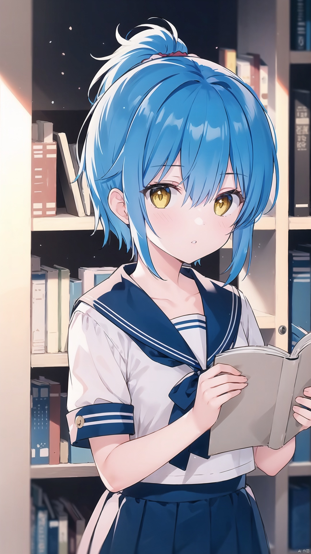 book, 1girl, yellow eyes, bookshelf, library, blue hair, solo, bangs, hair between eyes, parted lips, ponytail, looking at viewer, blurry background, blurry, holding, indoors, short hair, blue sailor collar, sailor collar,,,,,,