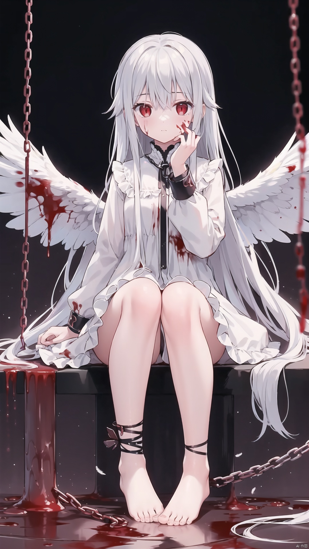 1girl, solo, wings, blood, long hair, sitting, chain, red eyes, blood on hands, feathered wings, barefoot, blood on face, blood from eyes, dress, long sleeves, cuffs, feathers, frills, looking at viewer, very long hair, white wings, bandages, shackles, bangs,,,,,,