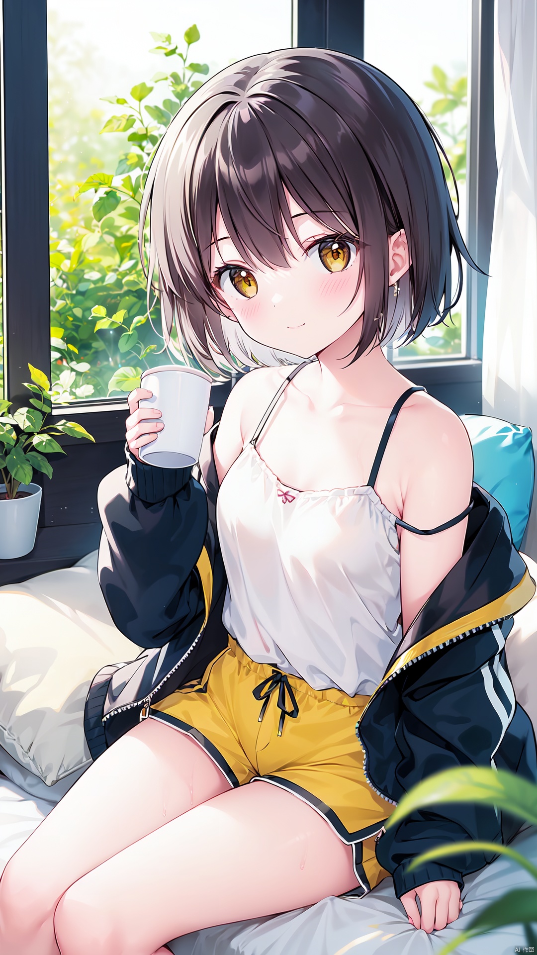 1girl, solo, cup, brown eyes, window, holding cup, sitting, holding, indoors, shorts, pillow, brown hair, plant, mug, potted plant, blush, curtains, collarbone, long sleeves, off shoulder, smile, sunlight, closed mouth, short hair, blurry, bangs, open clothes, camisole, blurry foreground, yellow shorts, shirt, white shirt, coffee mug, depth of field, white camisole, jacket, day, looking at viewer, bare shoulders