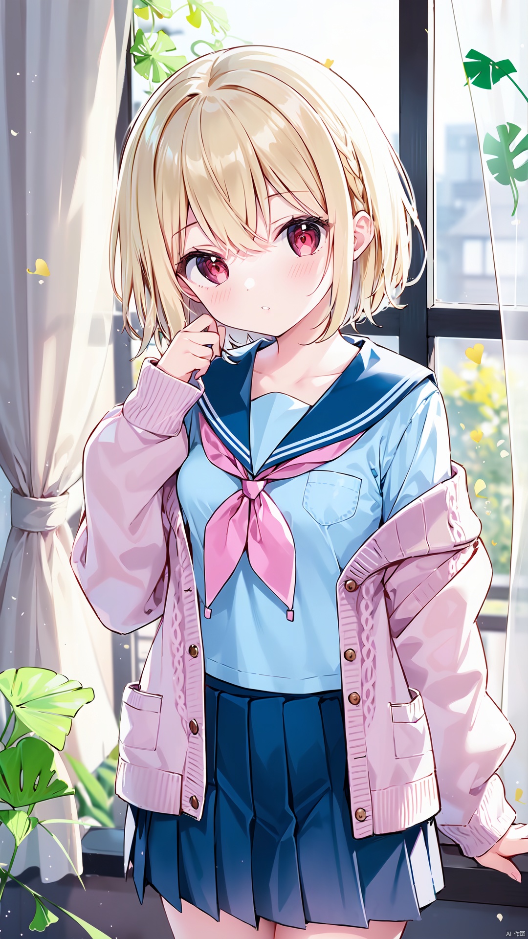 1girl, solo, school uniform, red eyes, blush, skirt, serafuku, neckerchief, bangs, looking at viewer, sailor collar, curtain grab, hair bow, collarbone, bow, blurry, long sleeves, pink cardigan, pleated skirt, blue skirt, pink bow, shirt, yellow neckerchief, short hair, cardigan, curtains, open clothes, sleeves past wrists, blurry background, parted lips, blue shirt, off shoulder, window, depth of field, leaf, open cardigan, blonde hair, blue serafuku, light brown hair, ginkgo leaf, hair between eyes, indoors