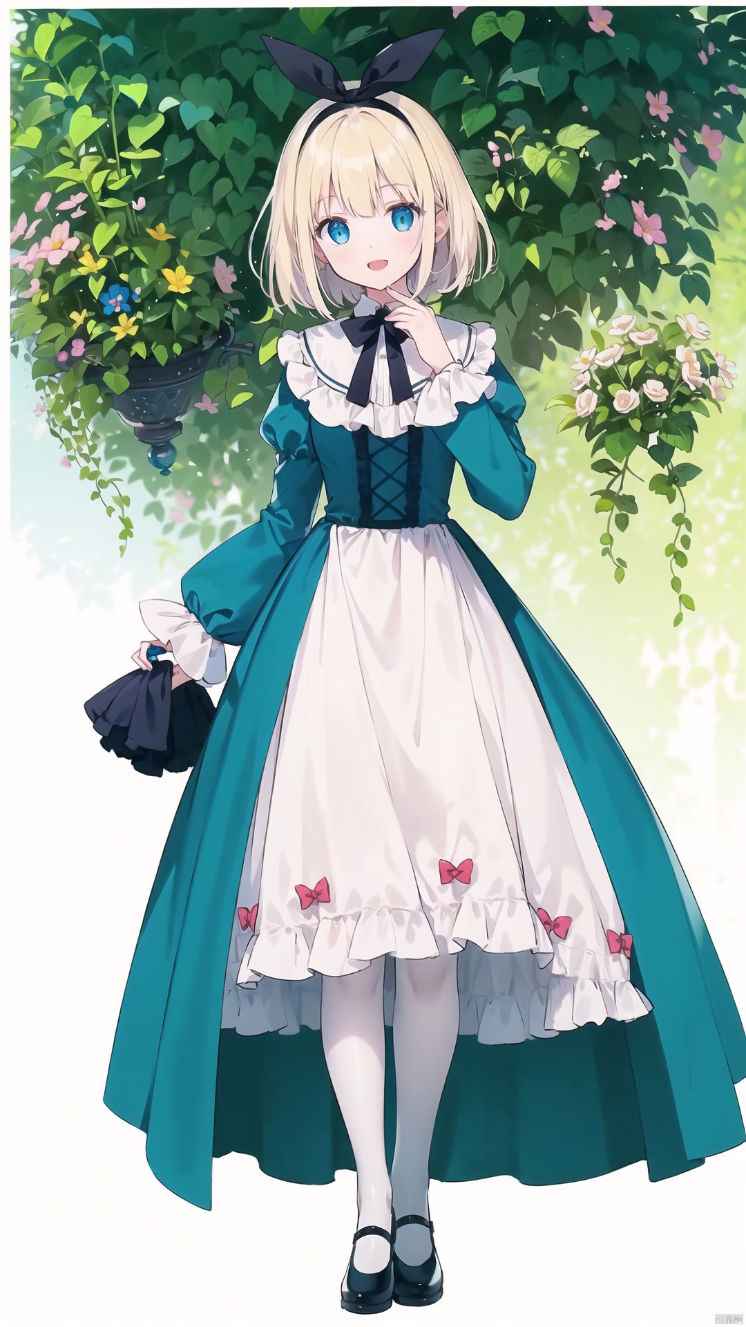 masterpiece, best quality, best quality, Amazing, beautiful detailed , The morning of green courtyard with flourishing flowers and plants in spring, eyes, 1girl, finely detail, Depth of field, extremely detailed CG unity 8k wallpaper, full body, (alice), alice in wonderland, Blond Hair, Blue hair band, cowboy shot , hiten_1, smile, game_cg, strong rim light, {close-up}, blunt_bangs, ((( full body))), (floating hair), (looking_at_viewer), open mouth, (looking_at_viewer), open mouth, blue eyes, Blonde_hair, Beautiful eyes, gradient hair, ((white_frilled_dress)), ((white pantyhose)), (long sleeves), (juliet_sleeves), (puffy sleeves), white hair bow, Skirt pleats, blue dress bow, blue_large_bow, (((stading))), sleeves past wrists, sleeves past fingers,,,,,,