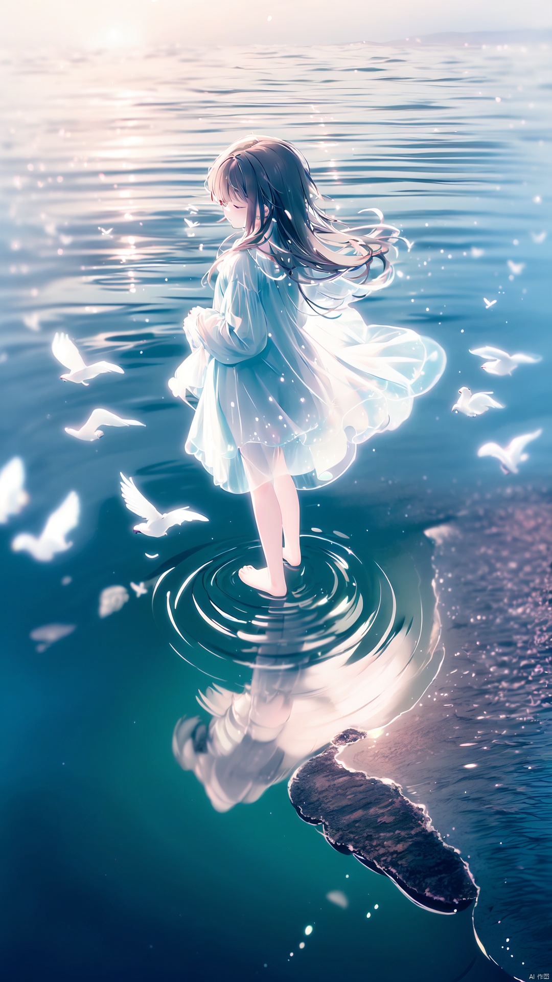 1girl, brown hair, long hair, closed eyes, (above ground), (water surface, reflection, surrounded by white birds), ((from above)), blurry, (full body, wide shot, panorama), (grey background), (shining, fog),,,