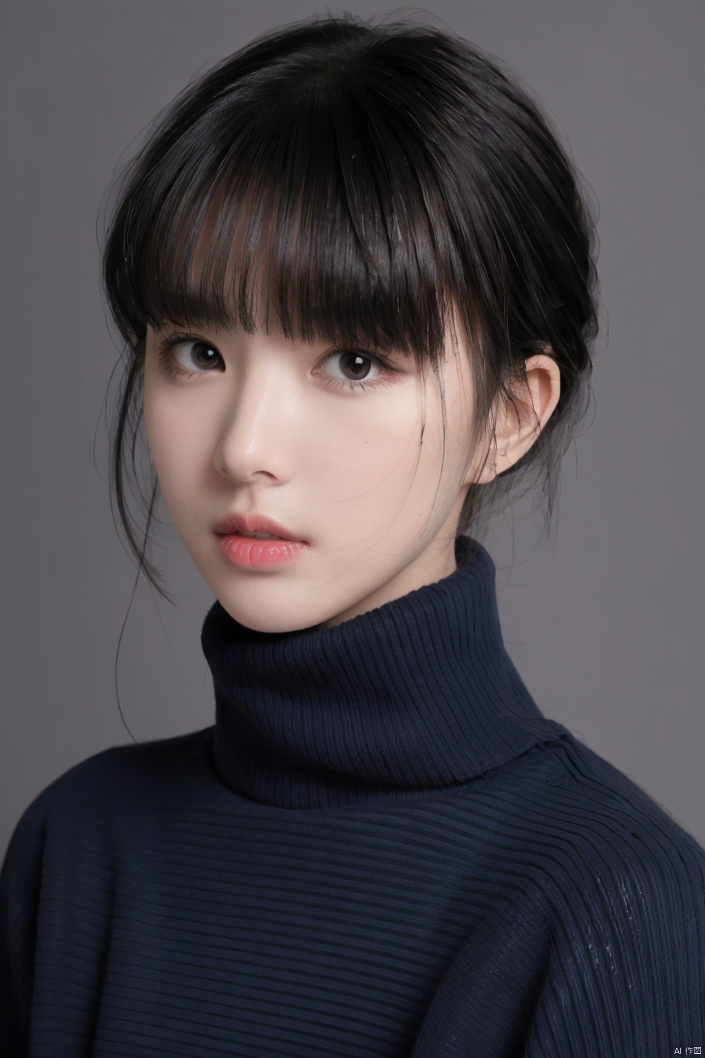 hy, 1girl, solo, black hair, black eyes, looking at viewer, grey background, sweater, bangs, turtleneck, lips, simple background, parted lips, turtleneck sweater, upper body, realistic