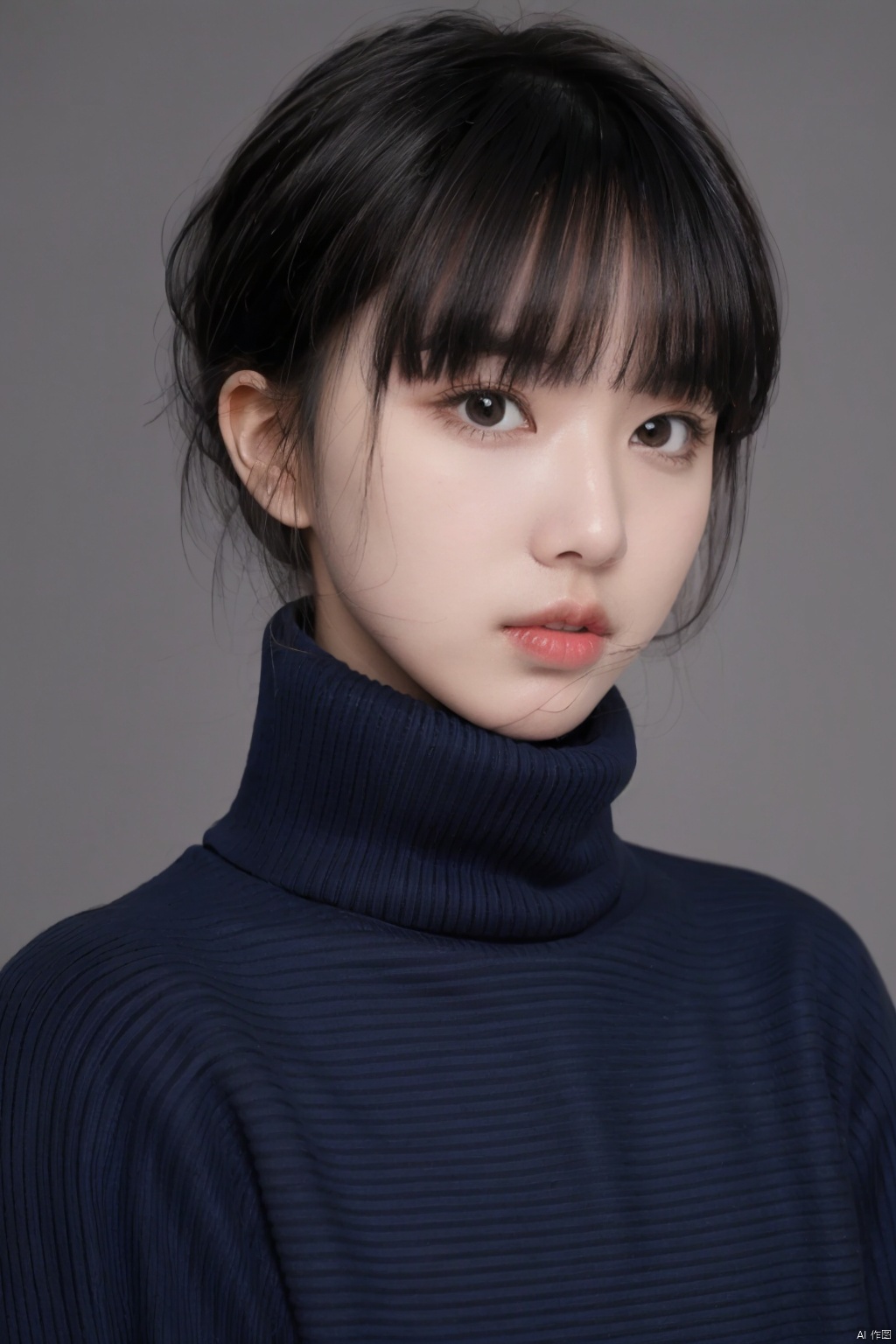 hy, 1girl, solo, black hair, sweater, grey background, turtleneck, bangs, brown eyes, upper body, turtleneck sweater, simple background, blue sweater, blunt bangs, looking at viewer, short hair, covering mouth, hand up