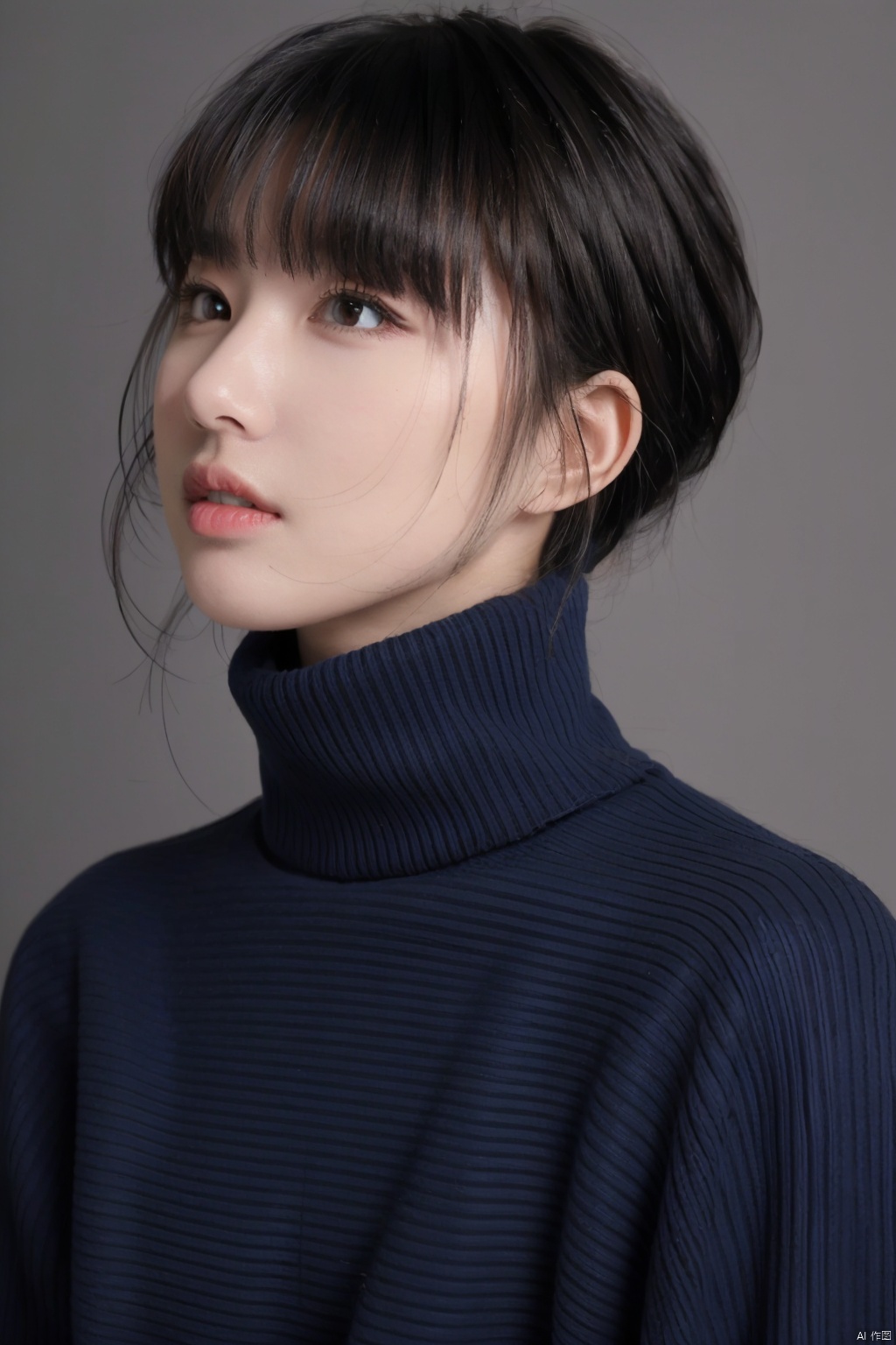 hy, 1girl, solo, black hair, sweater, brown eyes, looking to the side, grey background, turtleneck, bangs, simple background, lips, realistic, hand on own face, upper body, short hair, closed mouth, turtleneck sweater, looking away, blue sweater