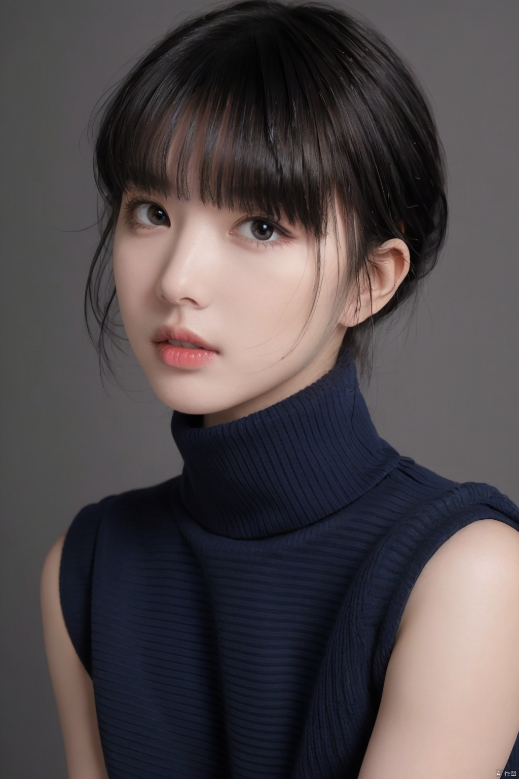hy, 1girl, solo, black hair, looking at viewer, turtleneck, parted lips, bangs, short hair, sweater, upper body, brown eyes, lips, grey background, blunt bangs, turtleneck sweater, simple background, blue sweater, sleeveless