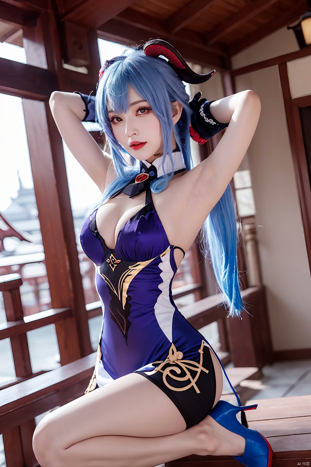 1girl, ganyu (genshin impact), horns, solo, blue hair, detached sleeves, gloves, breasts, ahoge, bell, looking at viewer, armpits, high heels, black gloves, arms up, long hair, sitting, bangs, cowbell, architecture, vision (genshin impact), medium breasts, goat horns, neck bell, purple eyes