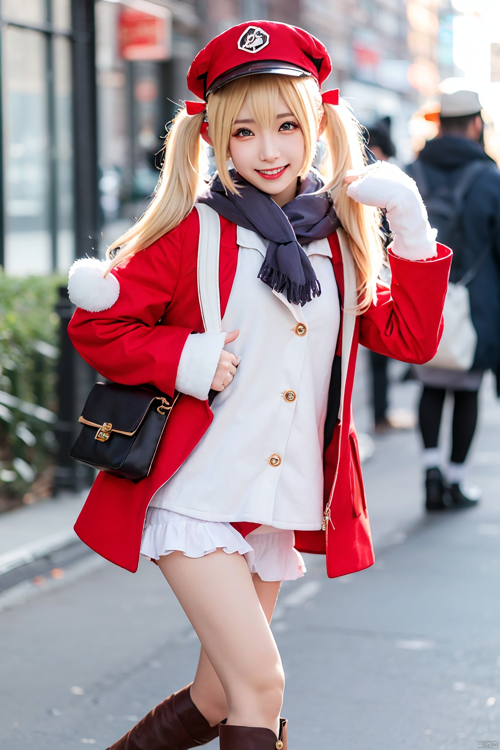 1girl, klee (genshin impact), cosplay, hat, gloves, pointy ears, red headwear, smile, twintails, brown gloves, blurry, blurry background, cabbie hat, bangs, backpack, looking at viewer, blonde hair, boots, bag, bloomers, underwear, long sleeves, open mouth, coat, solo focus, solo, low twintails, dress, scarf, red coat, outdoors, hair between eyes
