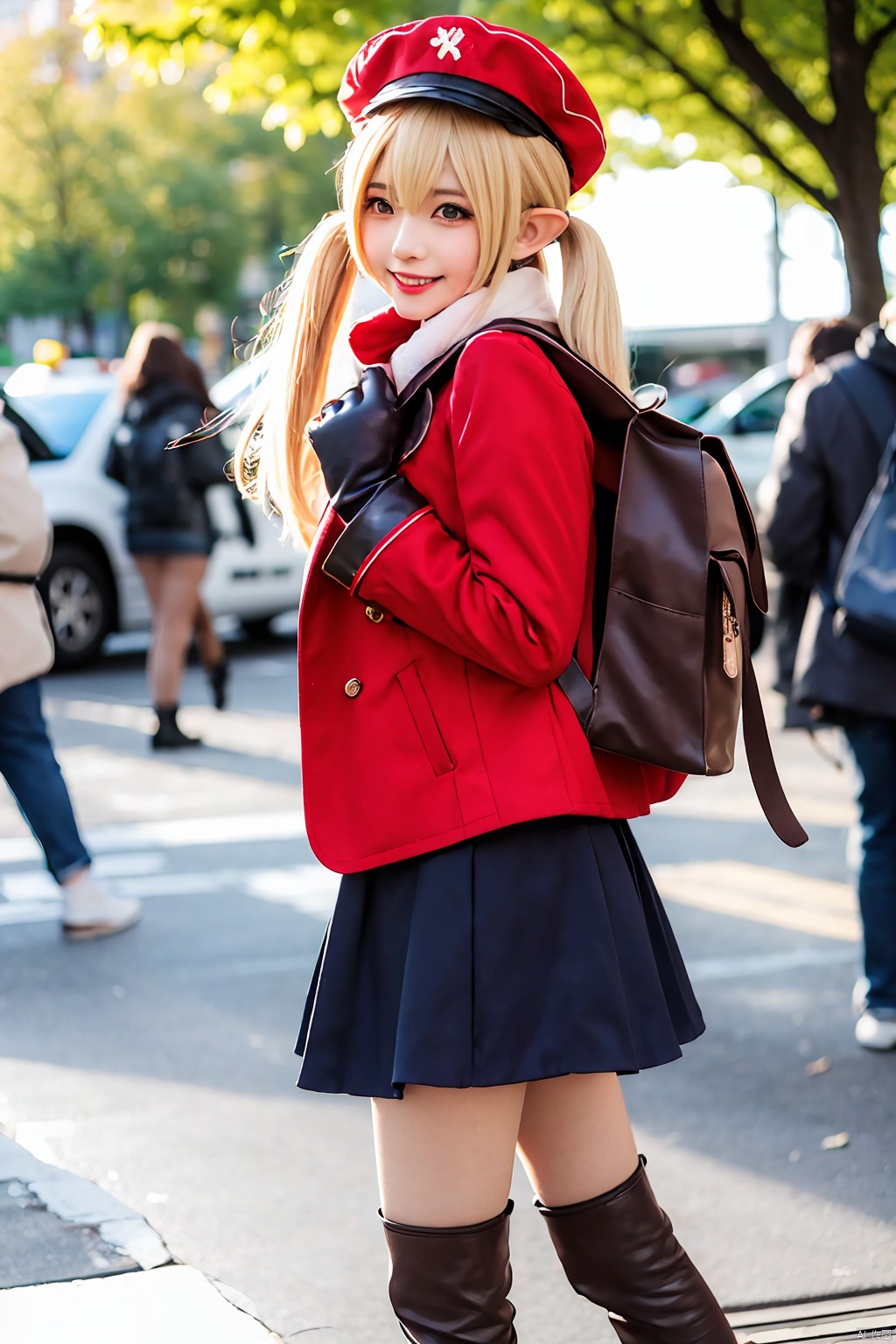 1girl, klee (genshin impact), cosplay, hat, gloves, pointy ears, red headwear, smile, twintails, brown gloves, blurry, blurry background, cabbie hat, bangs, backpack, looking at viewer, blonde hair, boots, bag, bloomers, underwear, long sleeves, open mouth, coat, solo focus, solo, low twintails, dress, scarf, red coat, outdoors, hair between eyes