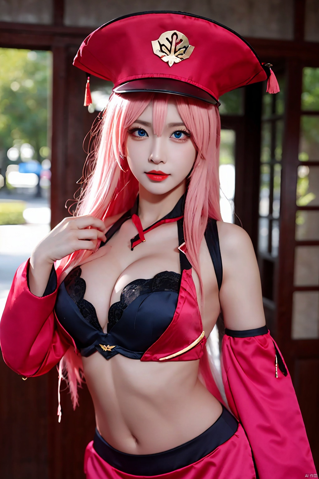1girl, yanfei (genshin impact), solo, cosplay, hat, pink hair, long hair, breasts, cleavage, navel, blue eyes, midriff, looking at viewer, crop top, detached sleeves, realistic, hair between eyes