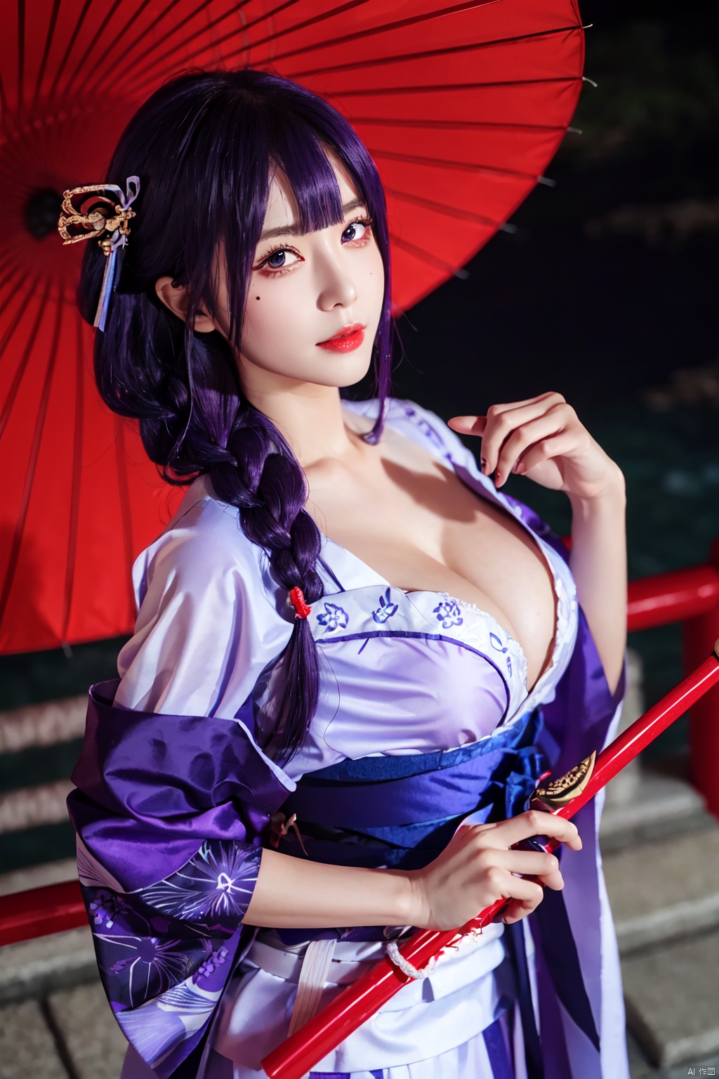 1girl, raiden shogun, breasts, purple eyes, cleavage, solo, long hair, japanese clothes, braid, kimono, purple hair, umbrella, looking at viewer, bridal gauntlets, holding, large breasts, bangs, sash, obi, weapon, obiage, ribbon, oil-paper umbrella, mole
