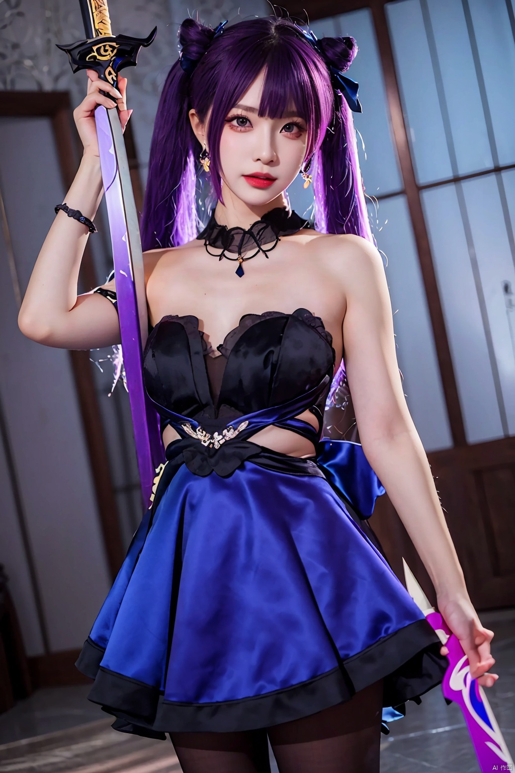 1girl, keqing (genshin impact), purple hair, sword, weapon, dress, pantyhose, hair bun, black dress, solo, purple eyes, earrings, official alternate costume, holding sword, twintails, cone hair bun, bare shoulders, holding weapon, jewelry, black pantyhose, strapless dress, strapless, looking at viewer, holding, bow, long hair, two-tone dress, blue dress, bangs, lips