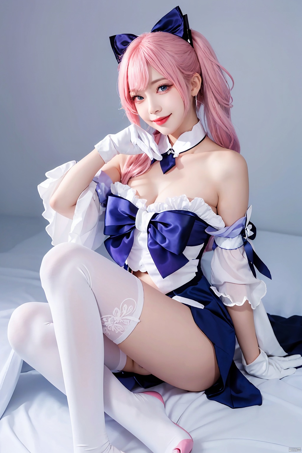 1girl, sangonomiya kokomi, solo, bow-shaped hair, gloves, thighhighs, long hair, pink hair, white gloves, white thighhighs, bangs, smile, multicolored hair, looking at viewer, frills, lips, wide sleeves, vision (genshin impact), sitting, purple eyes, gem, arm up, no shoes, bow, bare shoulders, closed mouth, blue eyes