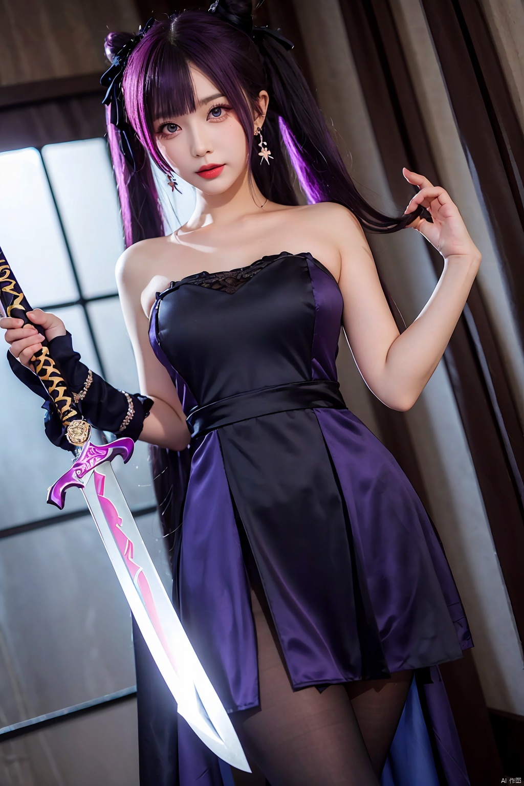 1girl, keqing (genshin impact), purple hair, sword, weapon, dress, pantyhose, hair bun, black dress, solo, purple eyes, earrings, official alternate costume, holding sword, twintails, cone hair bun, bare shoulders, holding weapon, jewelry, black pantyhose, strapless dress, strapless, looking at viewer, holding, bow, long hair, two-tone dress, blue dress, bangs, lips