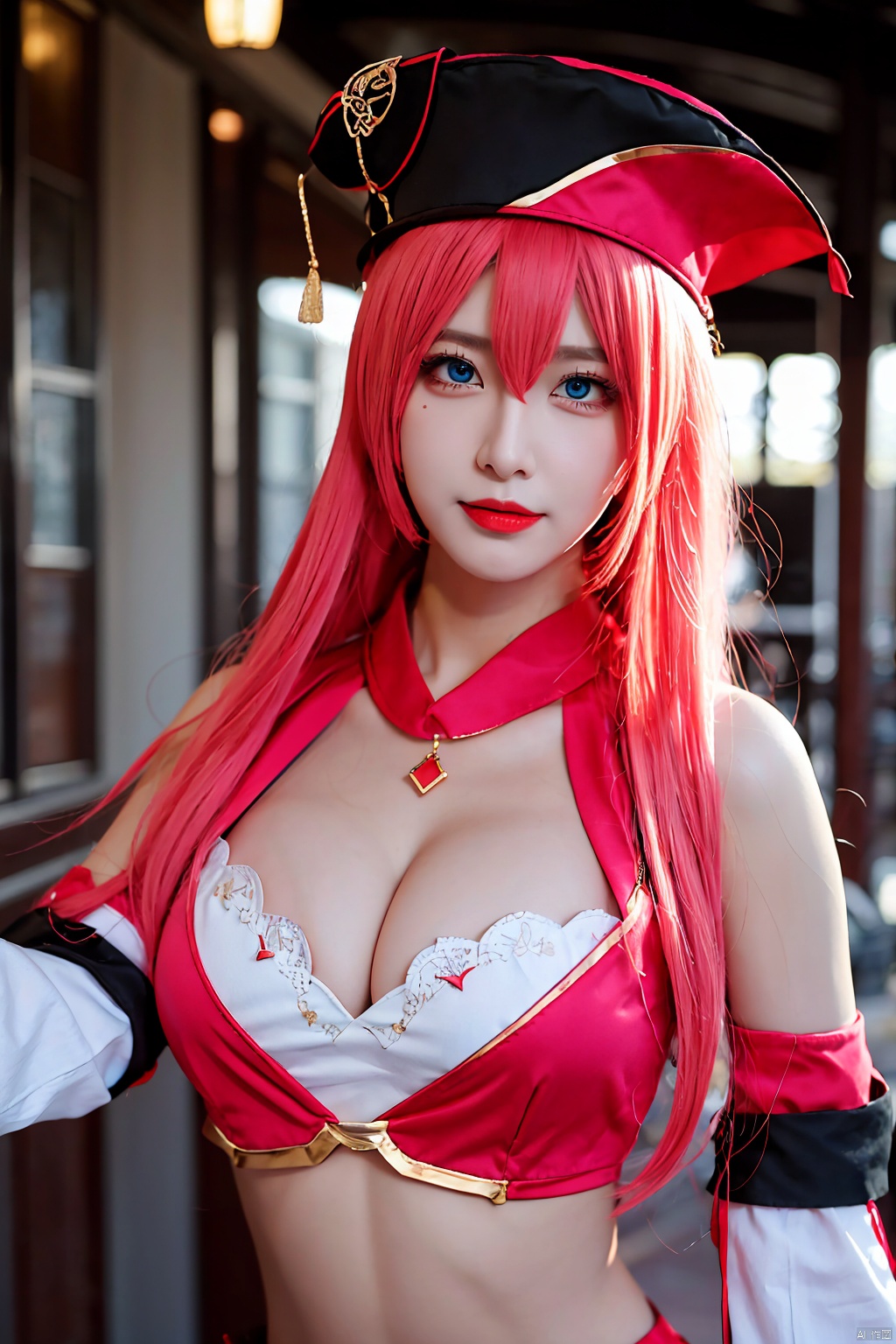1girl, yanfei (genshin impact), solo, cosplay, hat, pink hair, long hair, breasts, cleavage, navel, blue eyes, midriff, looking at viewer, crop top, detached sleeves, realistic, hair between eyes