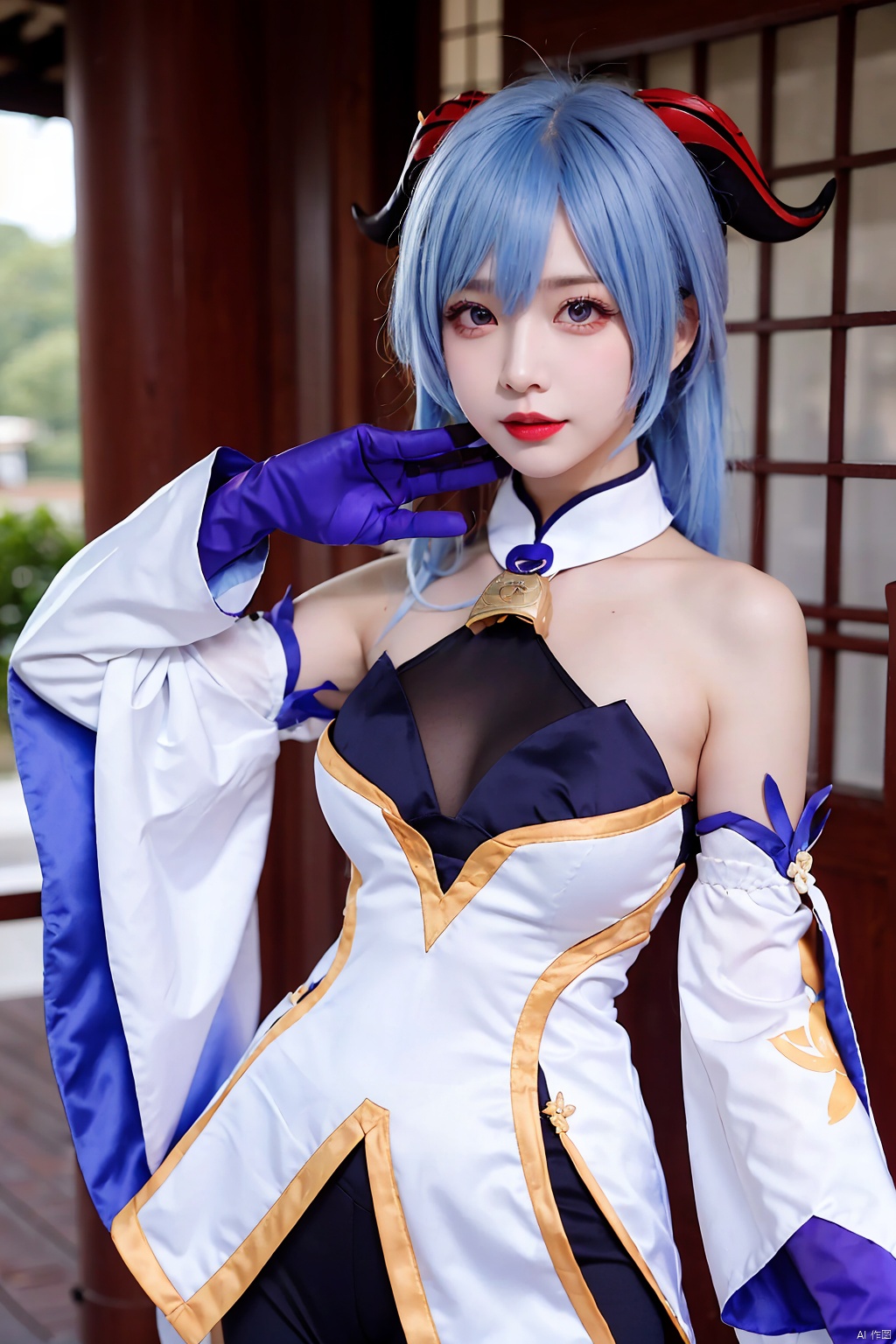 1girl, ganyu (genshin impact), horns, solo, gloves, blue hair, breasts, detached sleeves, looking at viewer, black gloves, bell, vision (genshin impact), bare shoulders, long hair, bangs, purple eyes, medium breasts, ahoge, cosplay, cowbell, neck bell, white sleeves
