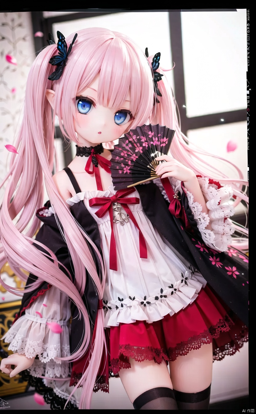 (cowboy shot,very long hair:1),ff40745b5cMI,solo,hand fan,1girl,pink hair,thighhighs,long hair,twintails,flower,letterboxed,hair ornament,folding fan,hair flower,bug,butterfly,very long hair,petals,blue eyes,dress,