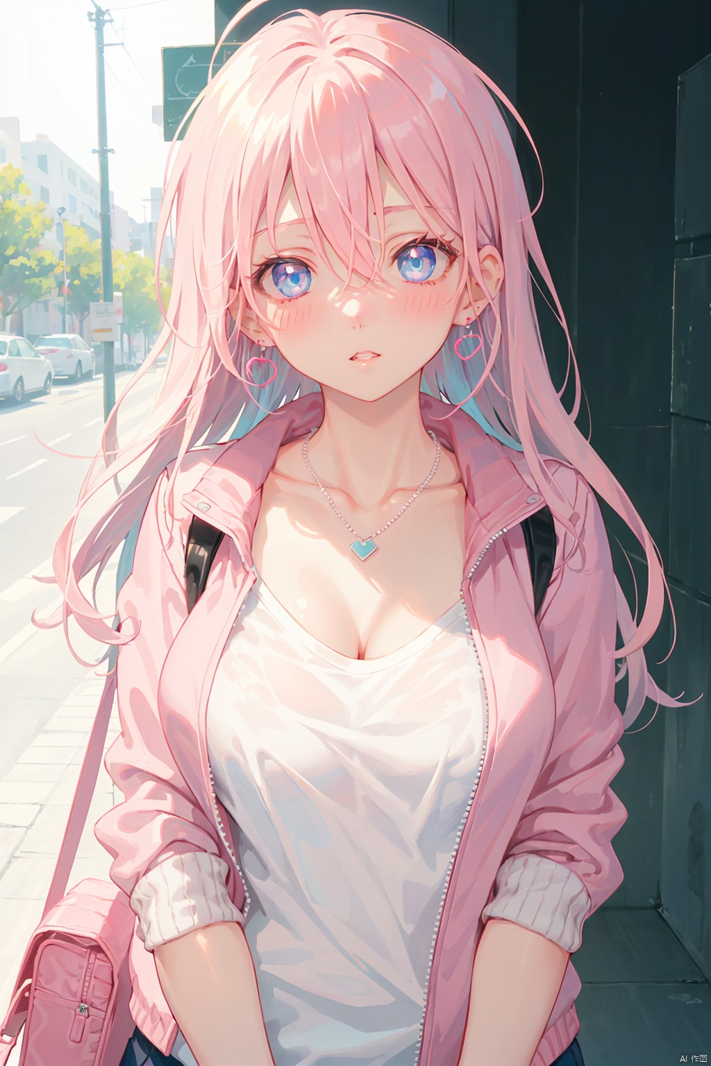 anime style, pink hair, blue eyes, jewelry, long hair, 1girl, looking at viewer, blush, solo focus, hair between eyes, pink jacket, earrings, shirt, parted lips, bangs, necklace, upper body, white shirt, jacket, bag, collarbone, outdoors, blurry, blurry background, breasts, open clothes