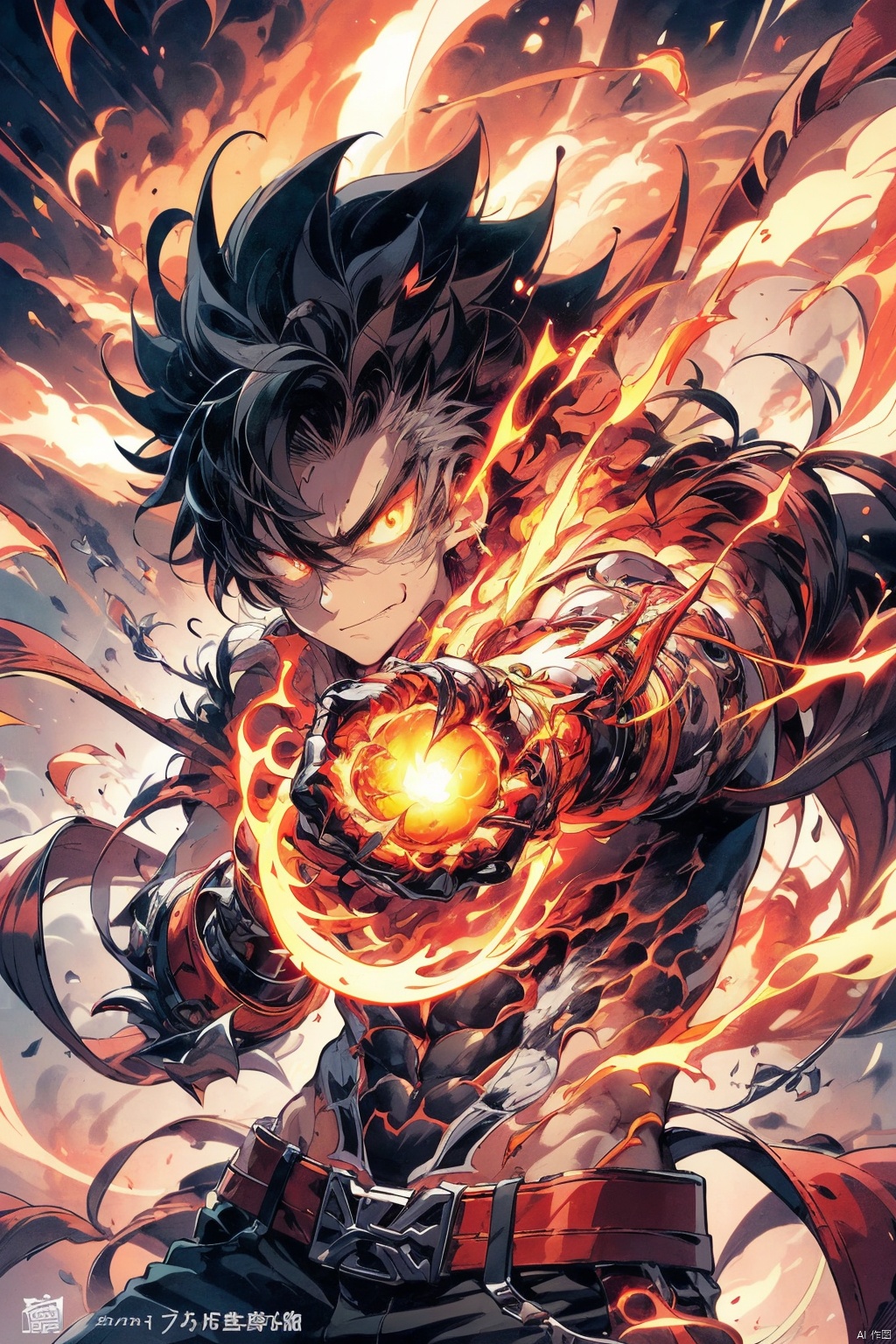 
a close up of a person holding a fire ball in their hand, an anime drawing by Yang J, pixiv contest winner, shin hanga, an epic anime of a energy man, fire!! full body, badass anime 8 k, fire powers, fire behind him, 4 k manga wallpaper, anime epic artwork, human and dragon fusion, handsome guy in demon slayer art