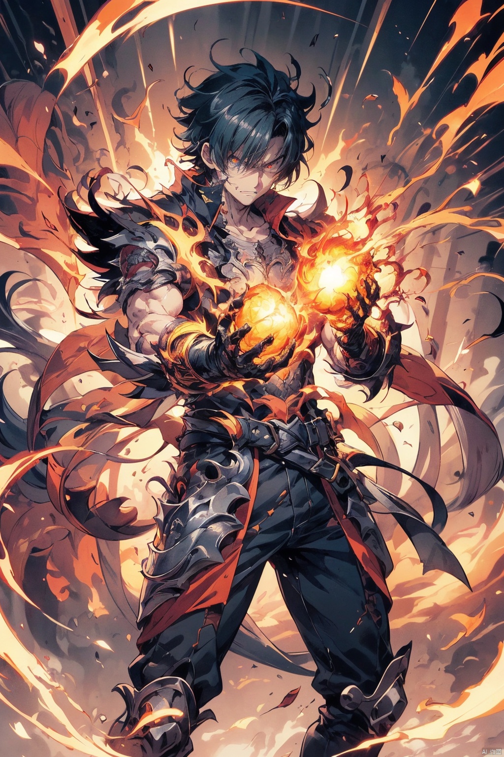 
a close up of a person holding a fire ball in their hand, an anime drawing by Yang J, pixiv contest winner, shin hanga, an epic anime of a energy man, fire!! full body, badass anime 8 k, fire powers, fire behind him, 4 k manga wallpaper, anime epic artwork, human and dragon fusion, handsome guy in demon slayer art