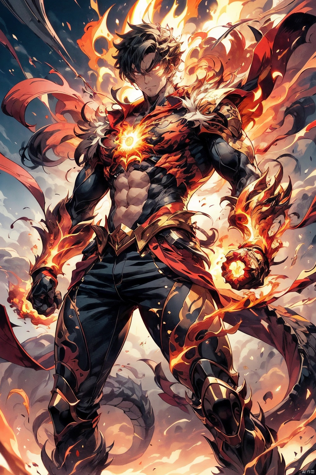 
a close up of a person holding a fire ball in their hand, an anime drawing by Yang J, pixiv contest winner, shin hanga, an epic anime of a energy man, fire!! full body, badass anime 8 k, fire powers, fire behind him, 4 k manga wallpaper, anime epic artwork, human and dragon fusion, handsome guy in demon slayer art