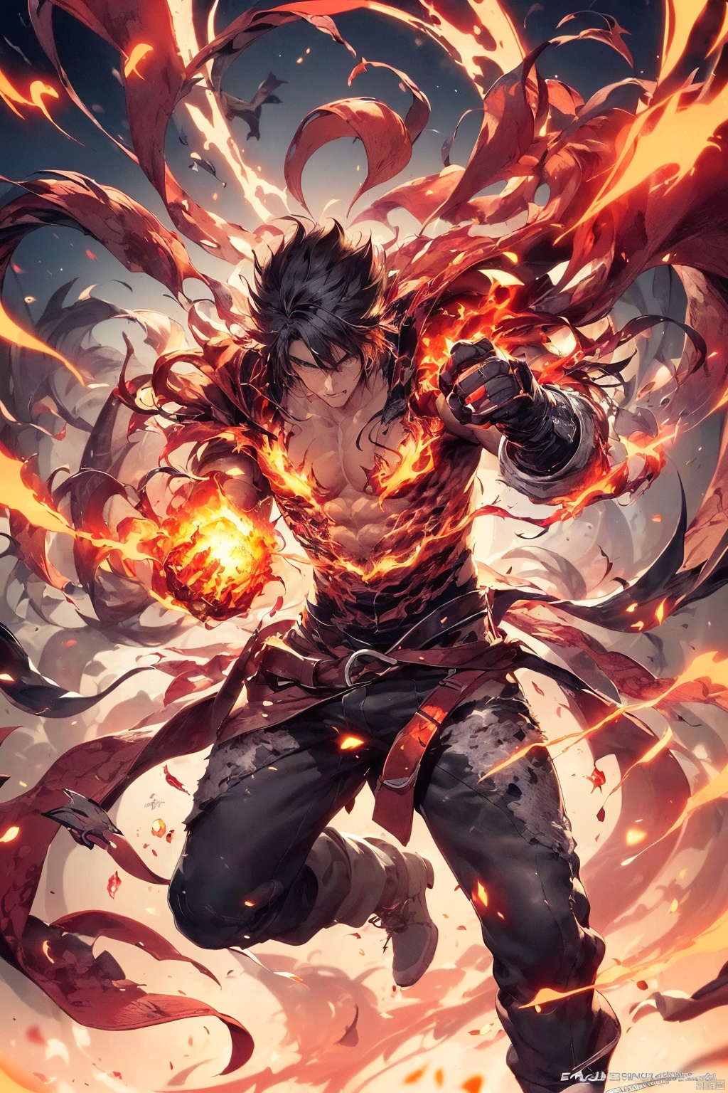 
a close up of a person holding a fire ball in their hand, an anime drawing by Yang J, pixiv contest winner, shin hanga, an epic anime of a energy man, fire!! full body, badass anime 8 k, fire powers, fire behind him, 4 k manga wallpaper, anime epic artwork, human and dragon fusion, handsome guy in demon slayer art
