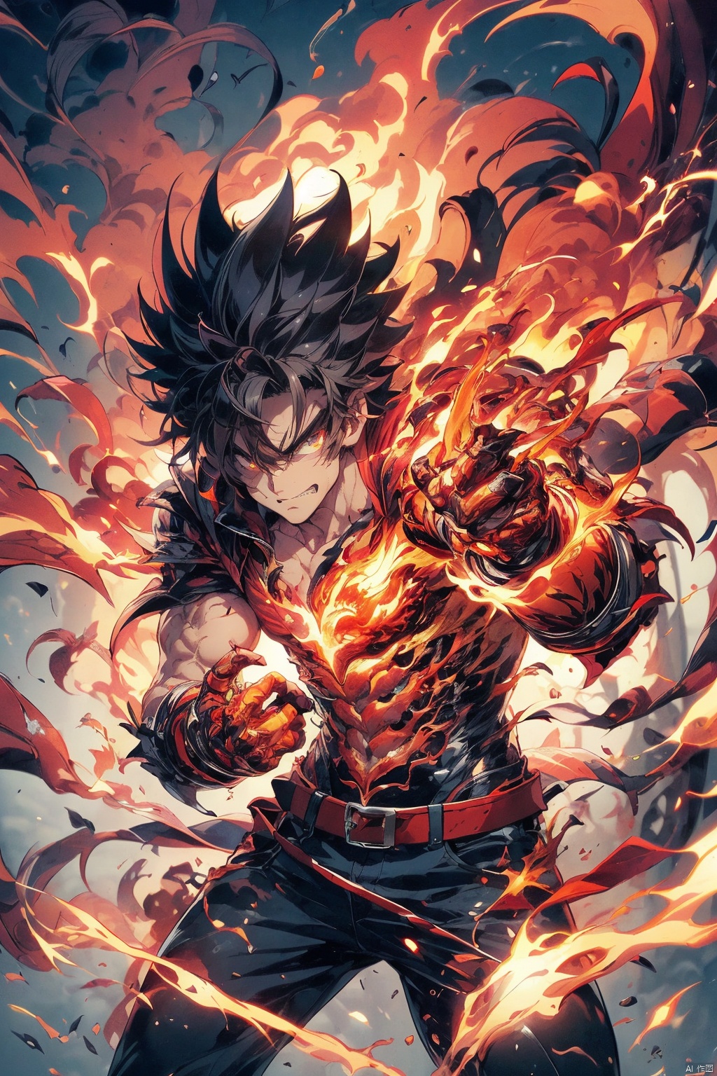 
a close up of a person holding a fire ball in their hand, an anime drawing by Yang J, pixiv contest winner, shin hanga, an epic anime of a energy man, fire!! full body, badass anime 8 k, fire powers, fire behind him, 4 k manga wallpaper, anime epic artwork, human and dragon fusion, handsome guy in demon slayer art