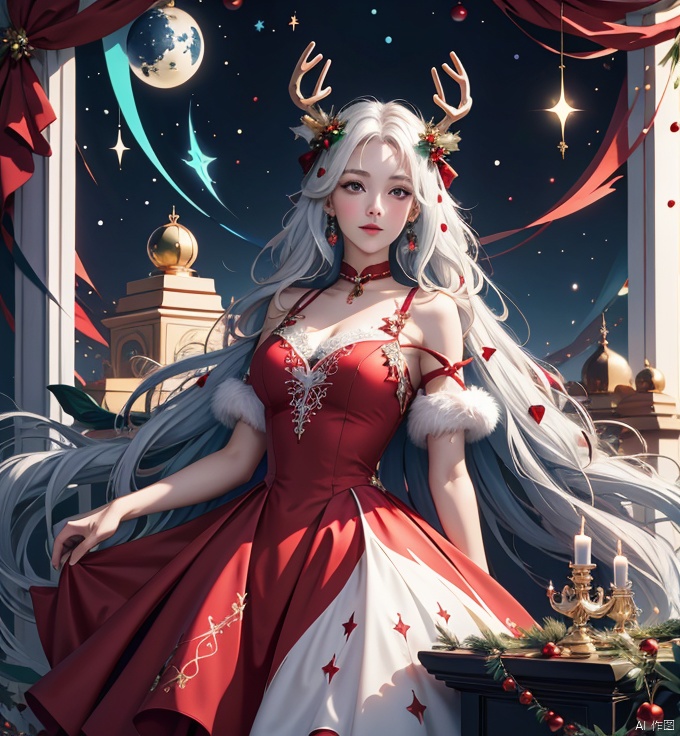 （Christmas tree：1.56）,(Exquisite and beautiful red Christmas dress :1.4), , (seven colors of deer: 1.48), (masterpiece: 1.3), (best image quality: 1.2), the original illustrations, (extremely delicate beauty), film lights, lights (wide lens), (body), (girl), (solo), (beautiful eyes: 1.2), (white hair), long hair, smile, (liquid sky lace female shamao Christmas), (Starry Sky Hair Accessories), (Pumice )