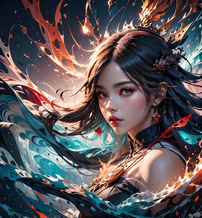 (Red void:1.3), (black essence:1.3), (masterpiece) scenario, aesthetic, bright colors, no human.,Ambilight,masterpiece,ultra-high quality,(ultra detailed original illustration),double exposure,fussion of fluid abstract art,glitch,(original illustration composition),(maximalism artstyle, geometric artstyle, junk art),((1girl:1.4)),(highly detailed beautiful face and eyes),eastern dragon,floating full body hair,short hair,chinese style,black stocking,kongfu,dragon behind,fantacy,floating rock,