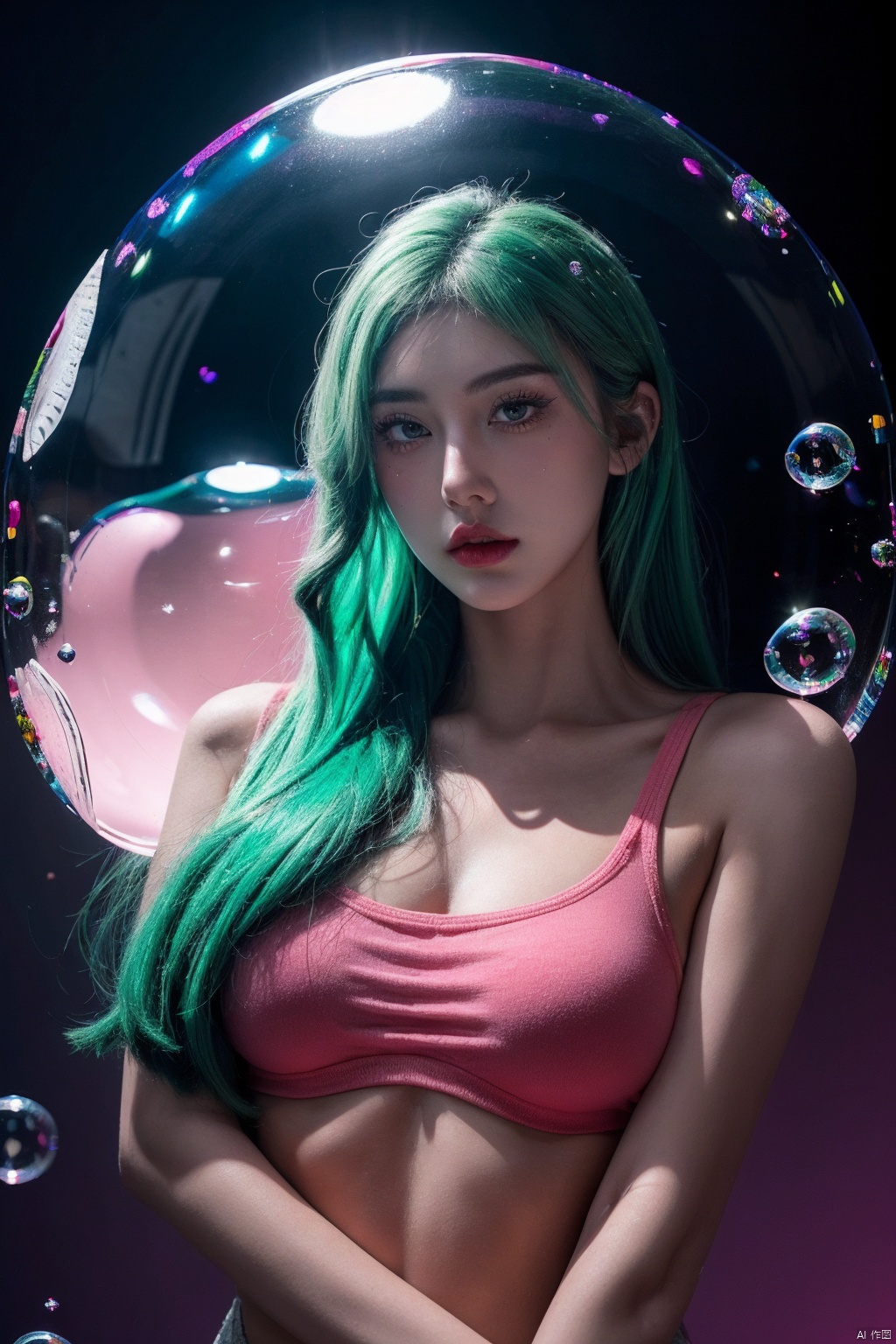 HUBG_Beauty_Girl, 1girl, 
The girl was inside bubble, 1girl,alluring pose, ,floating hair,,blacklight,(surrounded by bubble:1.3),spotlight, green hair, pink background, dark theme,(a lot of bubble:1.3),eye_contact,