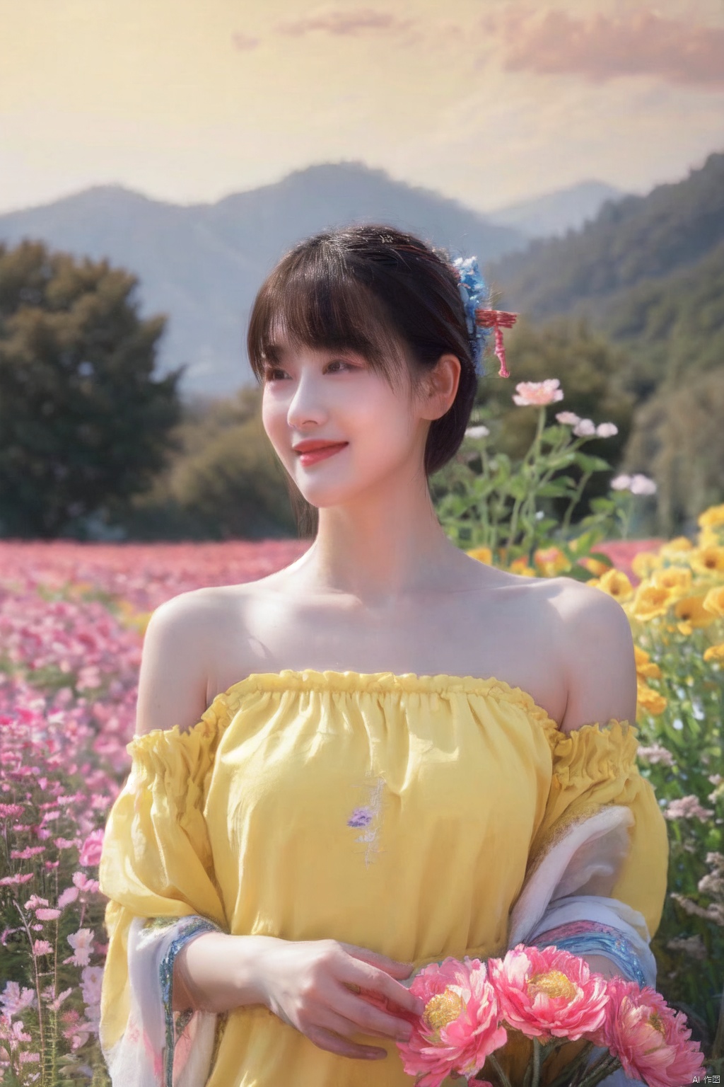  Upon examining the image, I would describe it as a beautiful watercolor painting that captures a serene and idyllic scene. The young girl in the yellow dress stands out against the backdrop of a field of bright pink flowers, creating a striking contrast of colors. The light in the painting is soft and diffused, creating a sense of warmth and tranquility. The colors used in the painting are vibrant and bold, making the image feel lively and dynamic. The style of the painting is whimsical and dreamy, evoking a sense of wonder and imagination. The quality of the painting is excellent, with meticulous attention to detail in the girl's dress, the flowers, and the overall composition of the scene. The emotions conveyed in the painting are peaceful and joyful, as if the girl is enjoying a moment of pure happiness in the midst of nature. Overall, this is a beautiful and captivating painting that captures the essence of innocence, beauty, and joy., 1girl,moyou