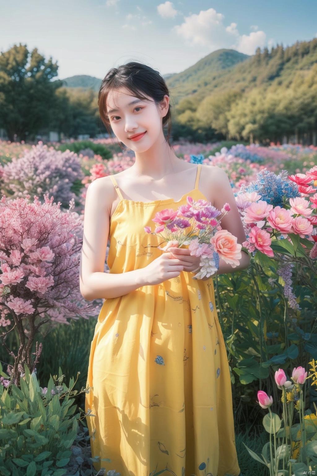 Upon examining the image, I would describe it as a beautiful watercolor painting that captures a serene and idyllic scene. The young girl in the yellow dress stands out against the backdrop of a field of bright pink flowers, creating a striking contrast of colors. The light in the painting is soft and diffused, creating a sense of warmth and tranquility. The colors used in the painting are vibrant and bold, making the image feel lively and dynamic. The style of the painting is whimsical and dreamy, evoking a sense of wonder and imagination. The quality of the painting is excellent, with meticulous attention to detail in the girl's dress, the flowers, and the overall composition of the scene. The emotions conveyed in the painting are peaceful and joyful, as if the girl is enjoying a moment of pure happiness in the midst of nature. Overall, this is a beautiful and captivating painting that captures the essence of innocence, beauty, and joy., 1girl, moyou,