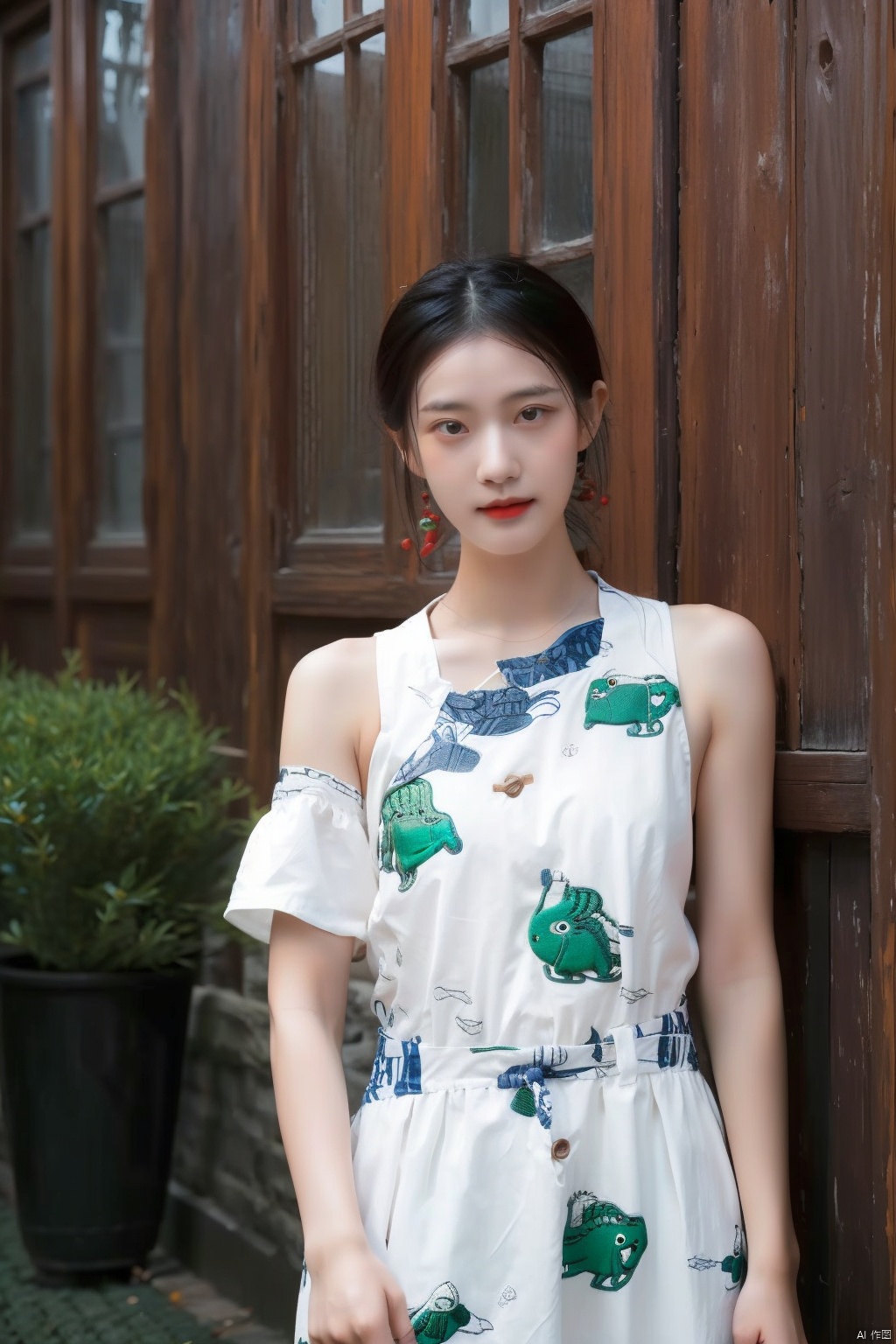  The image features a confident young woman standing outdoors on a green carpet. She is wearing a white dress with a green alligator print and carries a brown shoulder bag. Her posture and facial expression convey a sense of determination. The lighting is soft and flattering, casting a warm glow on her skin. The color palette is predominantly green and brown, with a dynamic contrast between the two. The woman's outfit, pose, and facial expression all work together to create a powerful and memorable image., 1girl