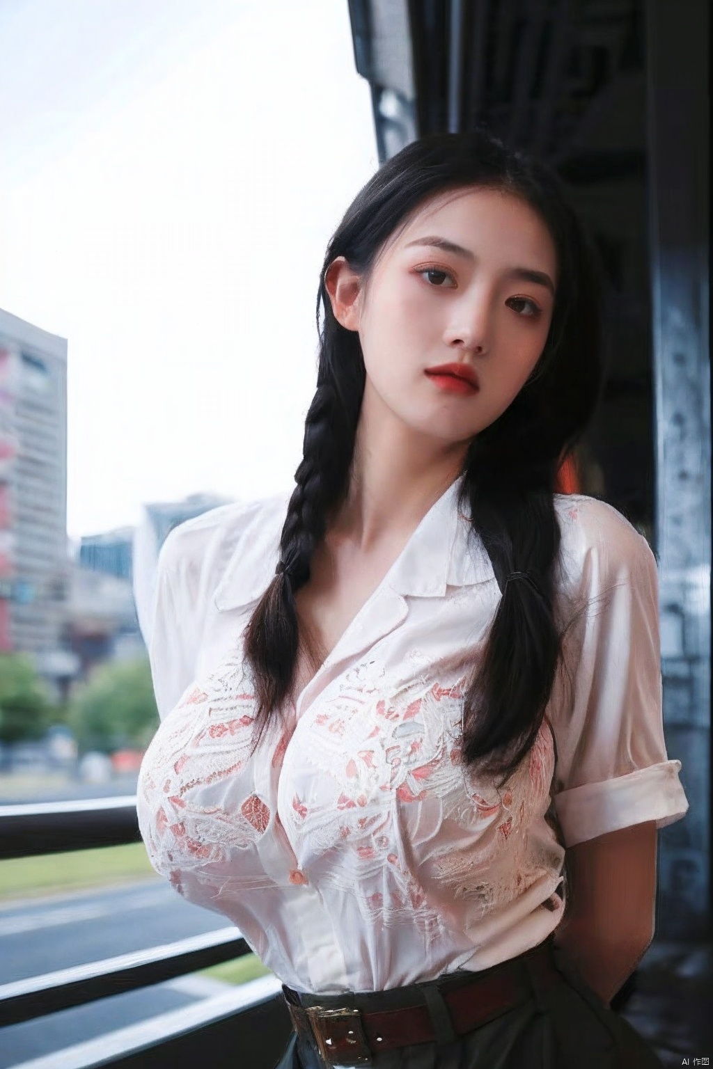  (best quality:1),(close-up,between_vagina),(fondle_breasts,gigantic_breasts:1.3),18-years-old beautiful (see-through_print_red_shirt,see-through_lowleg_panties,Cute_hair) airline stewardess girl,makeup,(looming_nipples,at the city),solo,light_blush,happy