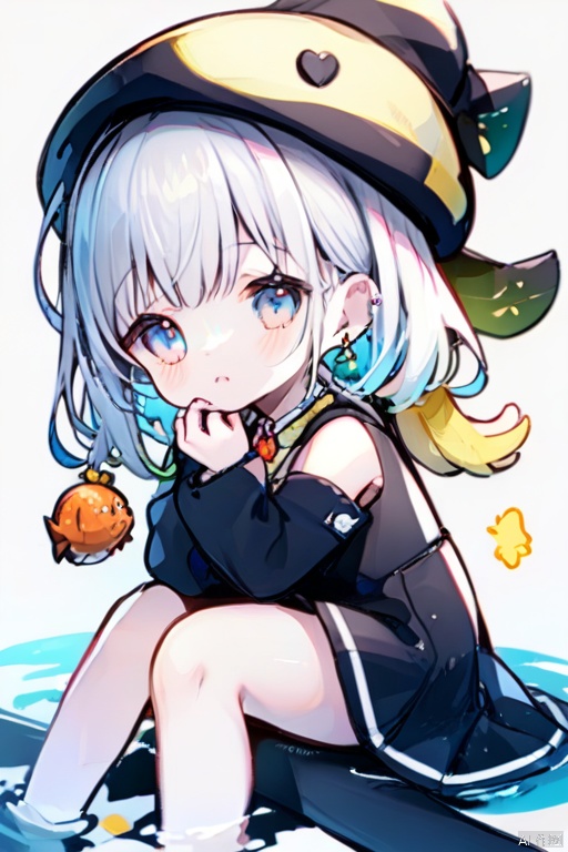沉静着杉,loli, white background,,cf,1girl,jewelry,solo,future fish,earrings,sitting,