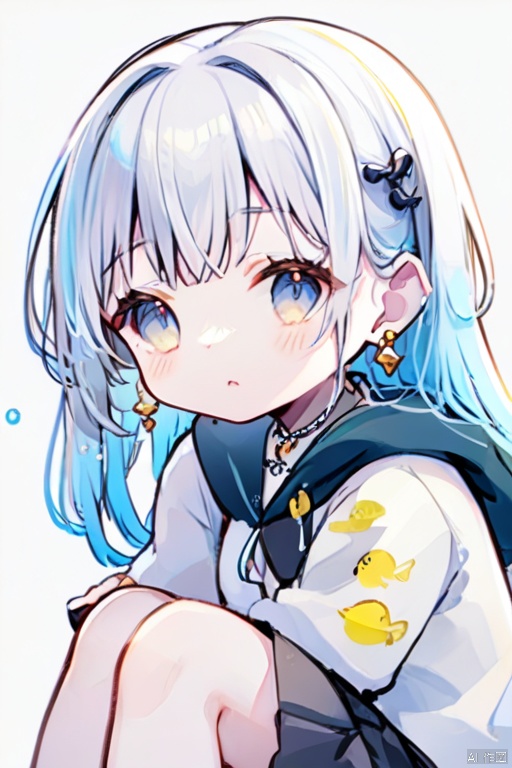 沉静着杉,loli, white background,1girl,jewelry,solo,future fish,earrings,sitting,kids illustration